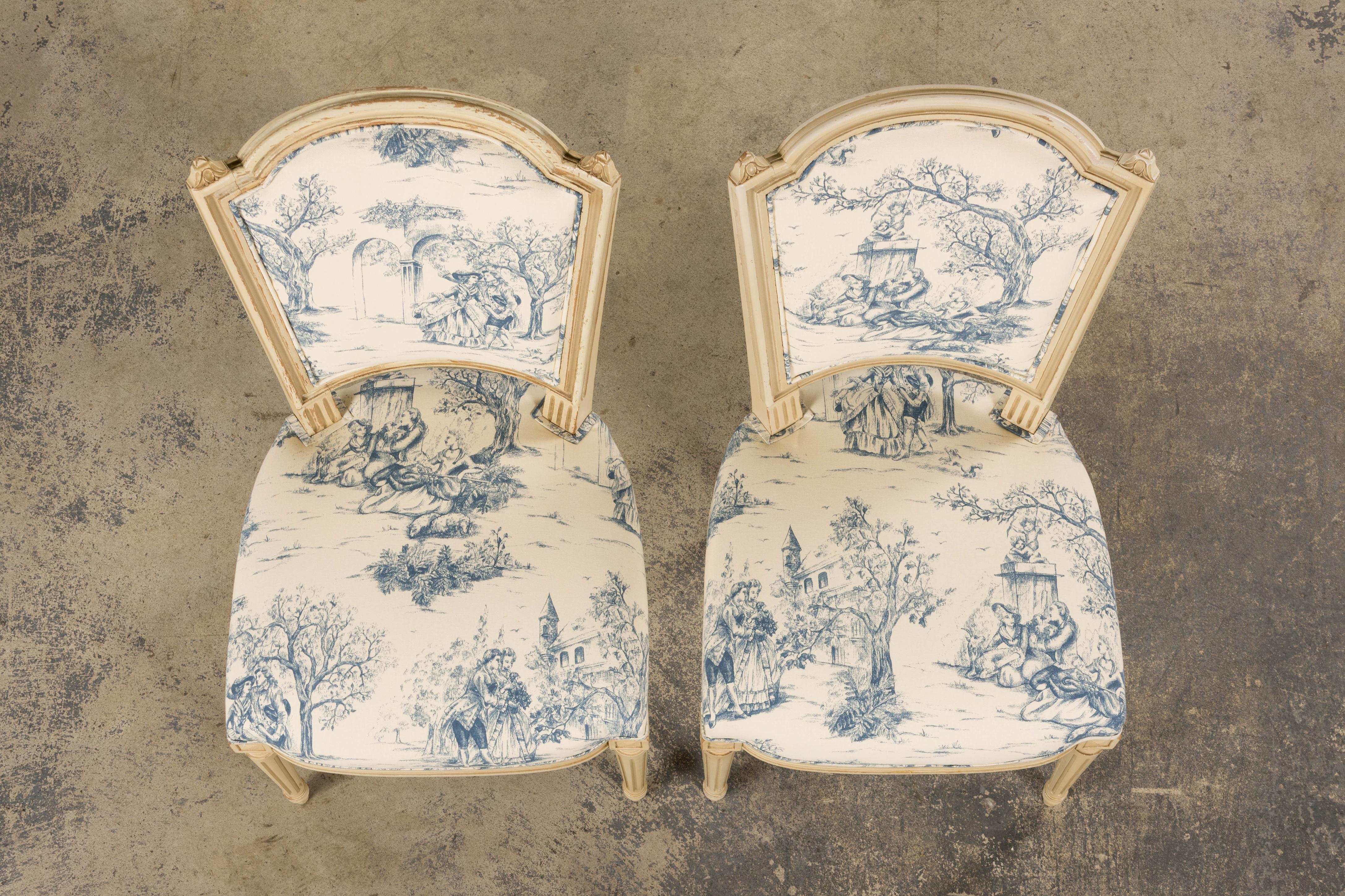 Hand-Carved Antique French Louis XVI Style Painted Accent Side Chairs in Blue Toile - A Pair For Sale