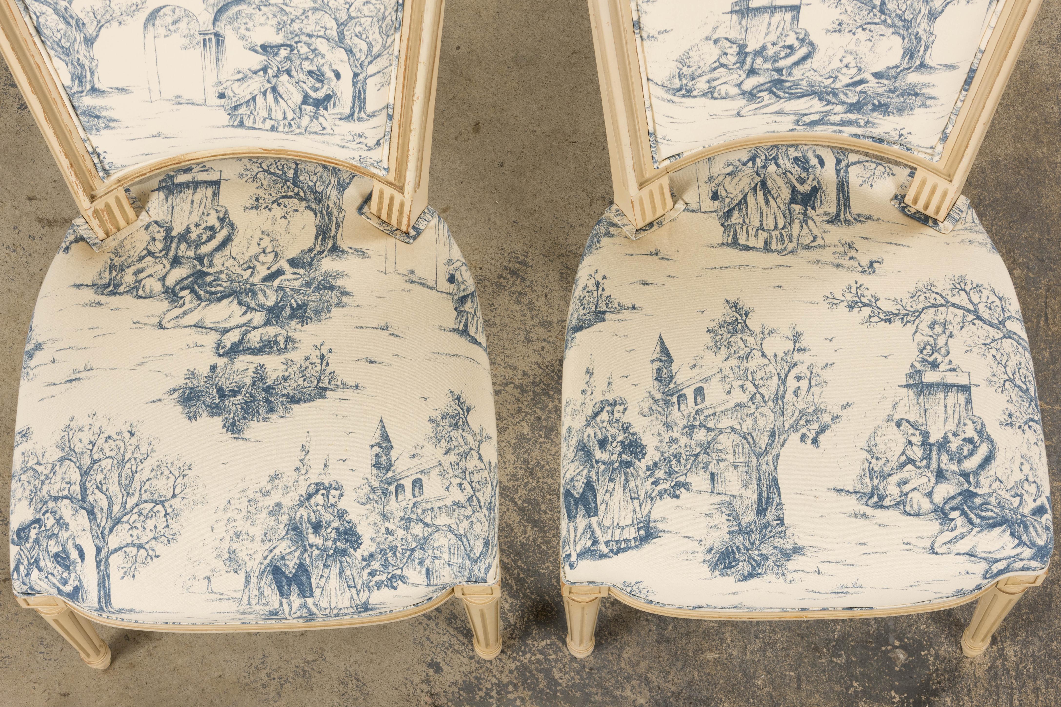 Antique French Louis XVI Style Painted Accent Side Chairs in Blue Toile - A Pair In Good Condition For Sale In Astoria, NY