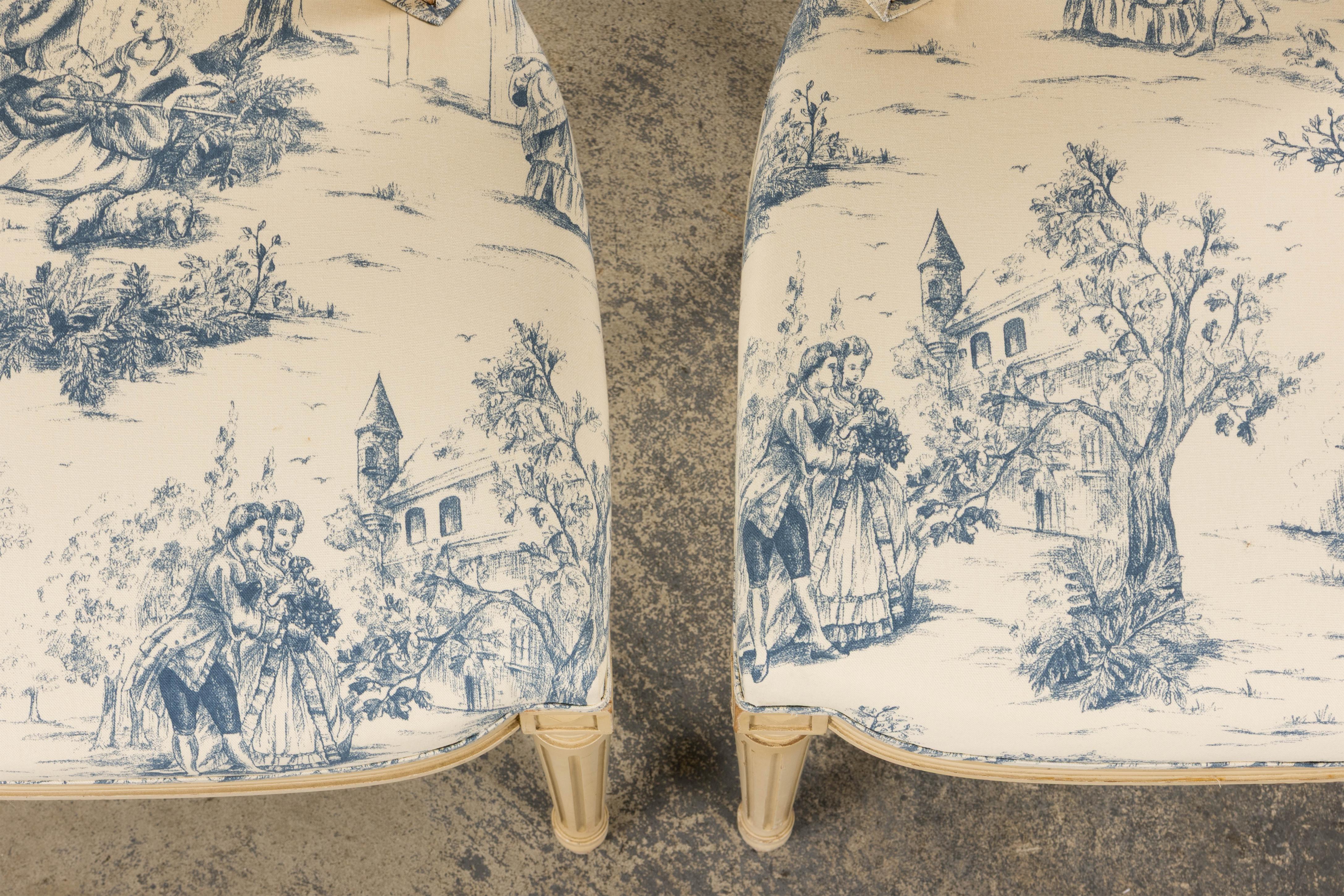 20th Century Antique French Louis XVI Style Painted Accent Side Chairs in Blue Toile - A Pair For Sale