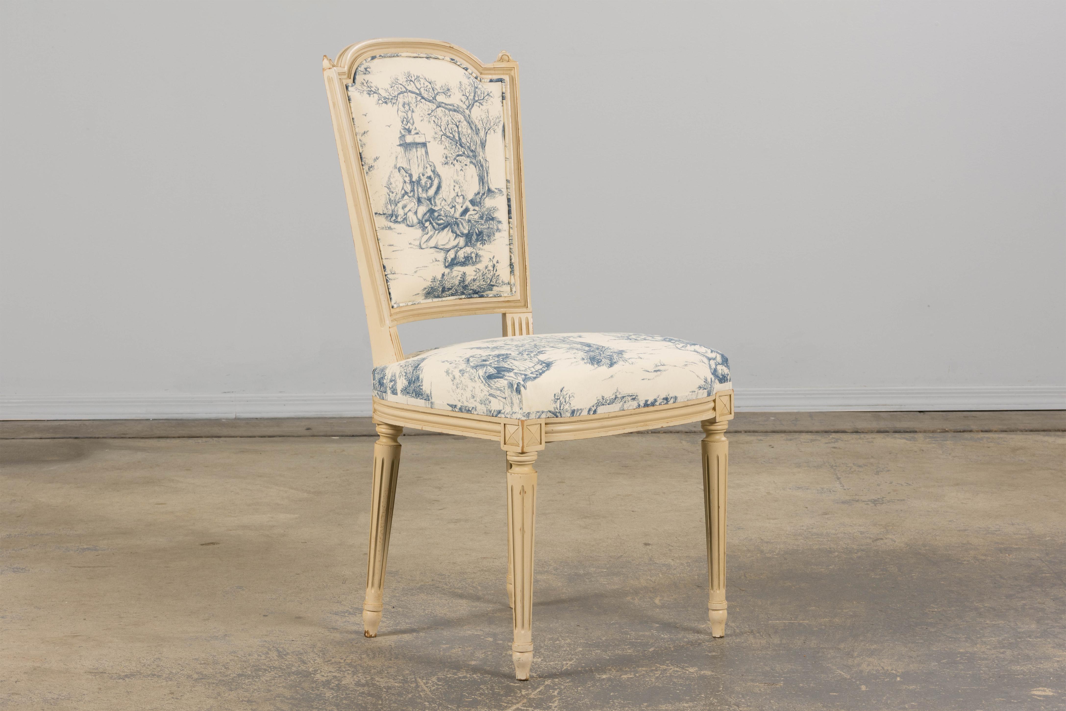 Antique French Louis XVI Style Painted Accent Side Chairs in Blue Toile - A Pair For Sale 1