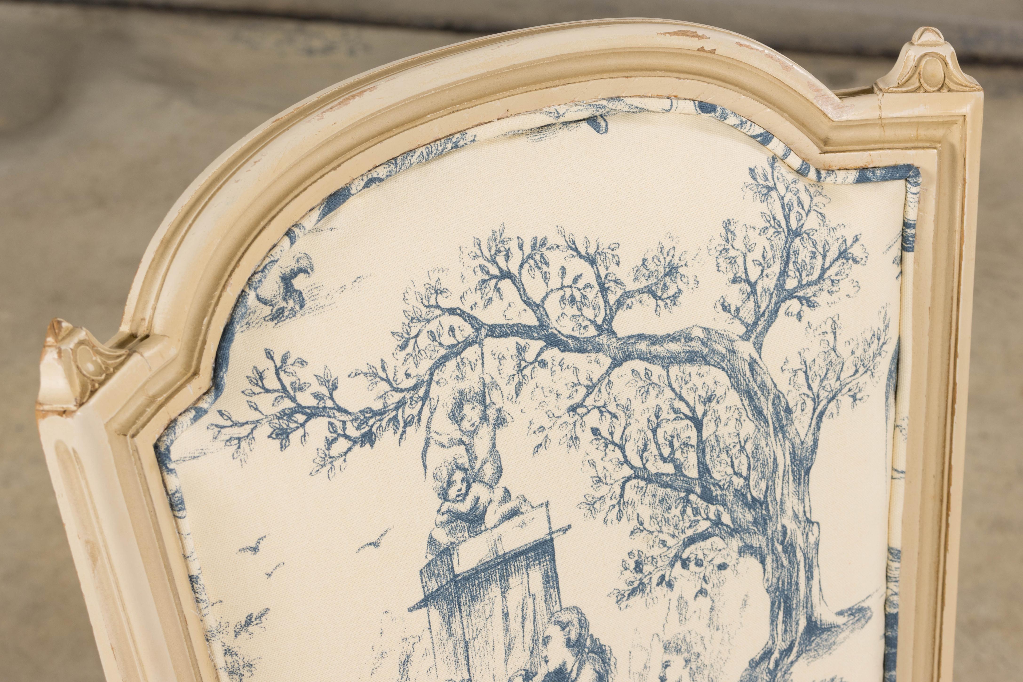 Antique French Louis XVI Style Painted Accent Side Chairs in Blue Toile - A Pair For Sale 2