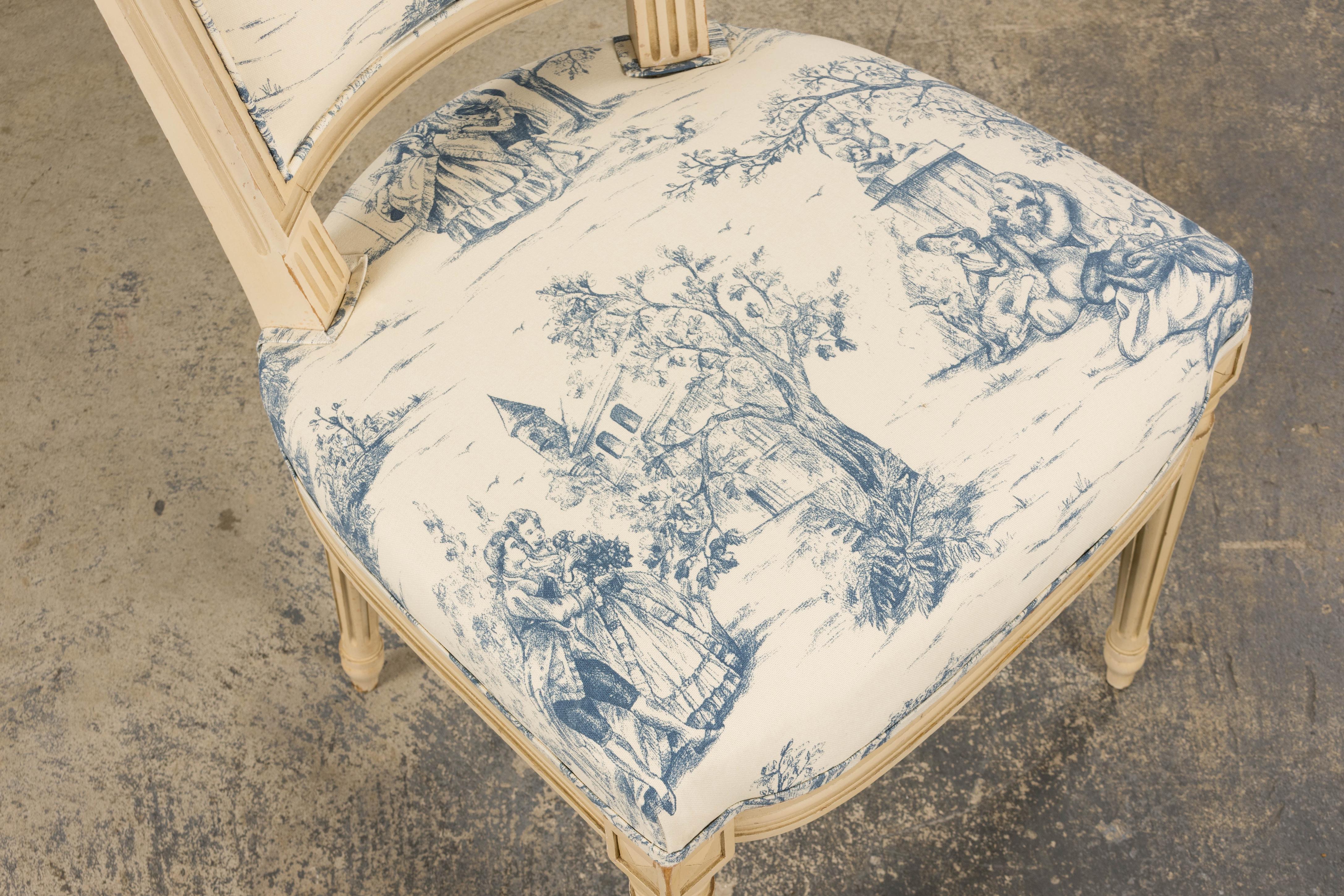 Antique French Louis XVI Style Painted Accent Side Chairs in Blue Toile - A Pair For Sale 3