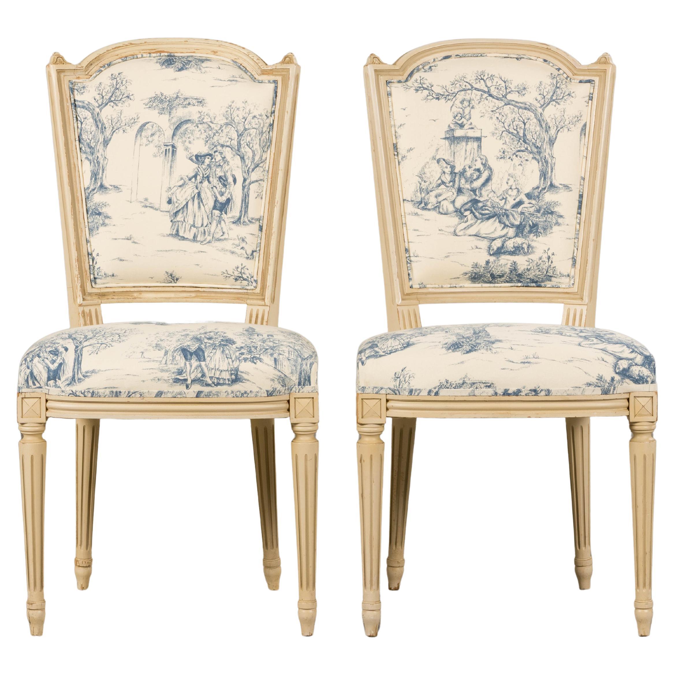 Antique French Louis XVI Style Painted Accent Side Chairs in Blue Toile - A Pair