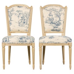Antique French Louis XVI Style Painted Accent Side Chairs in Blue Toile - A Pair
