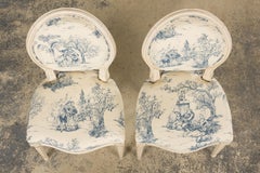 Antique French Louis XVI Style Painted Accent Side Chairs in Blue Toile - A Pair