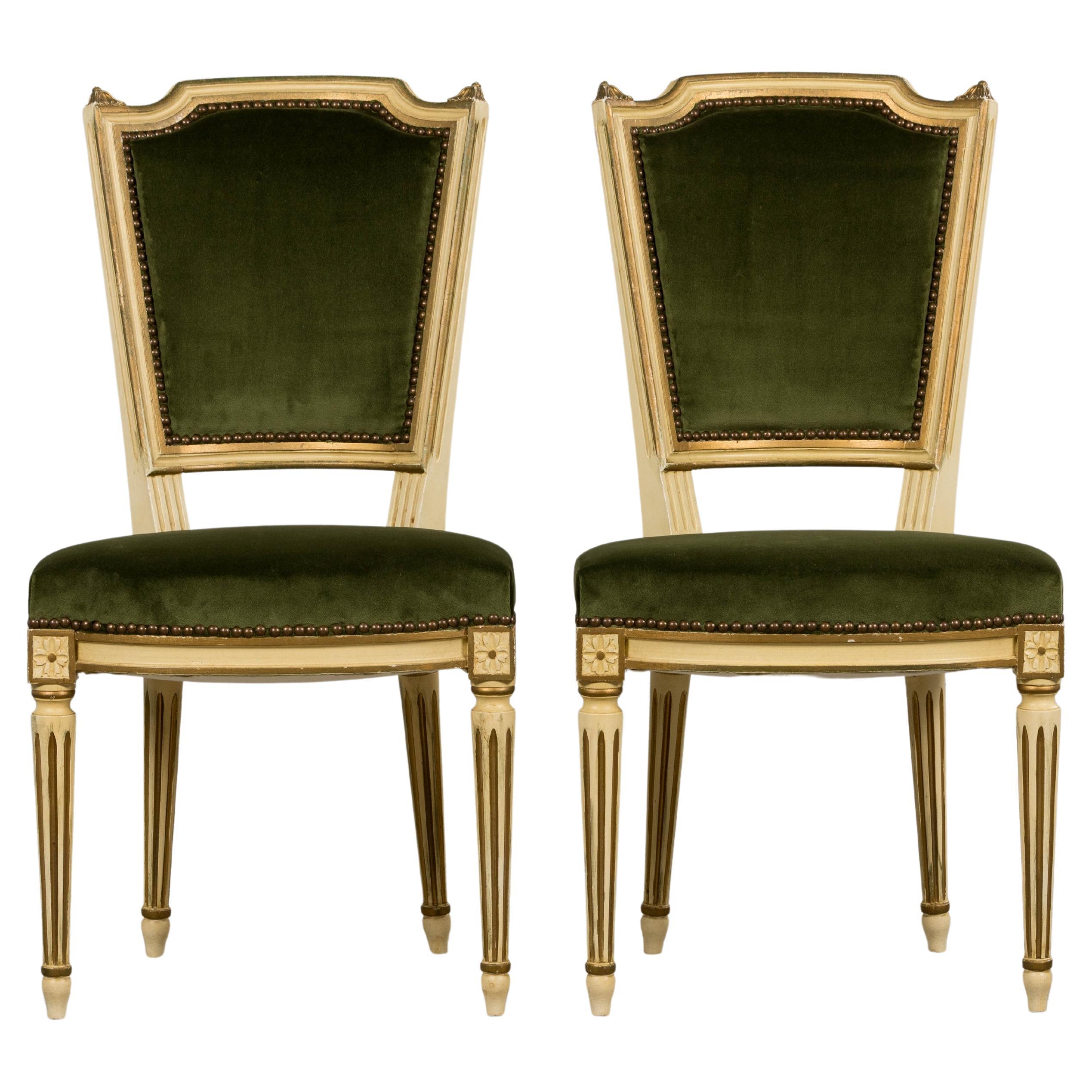 Pair of Antique French Louis XVI Painted Accent Chairs in Olive Green Velvet