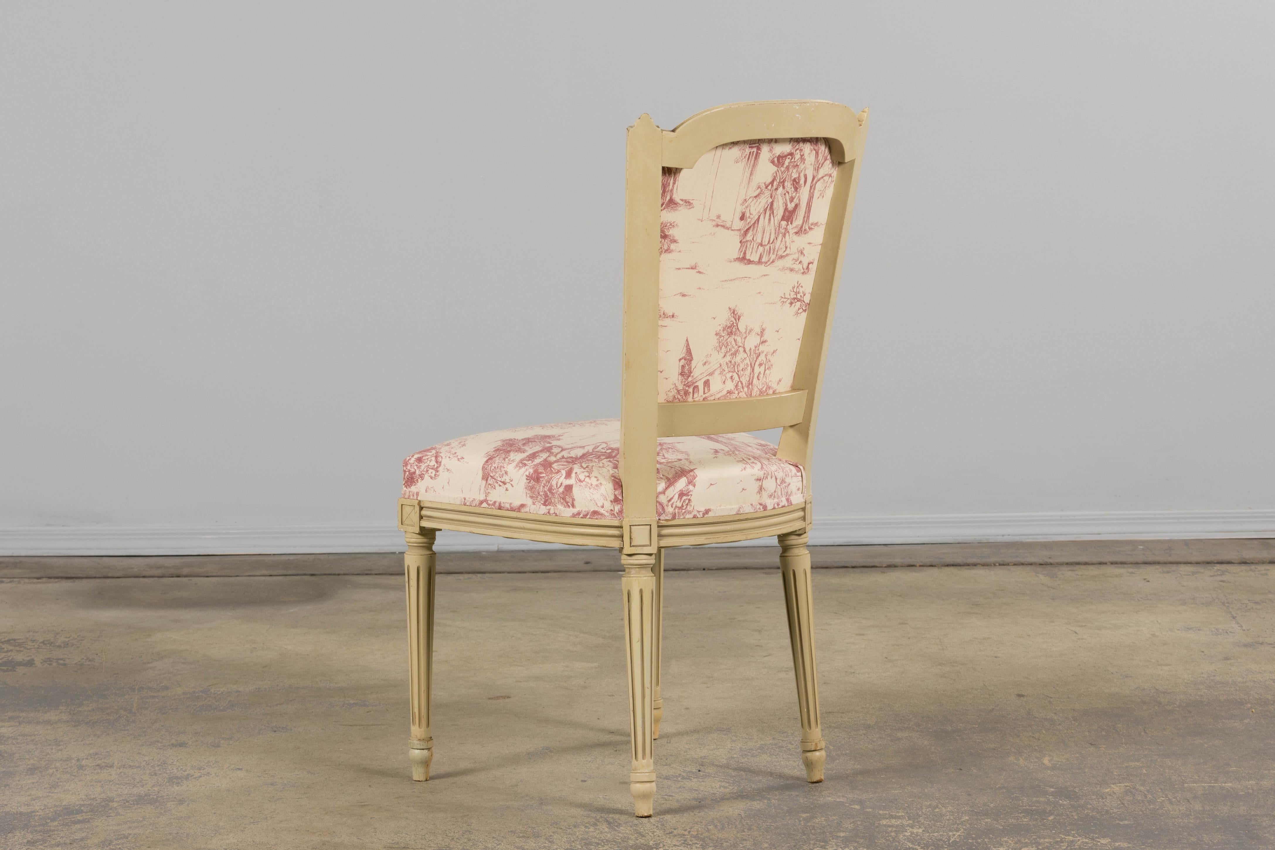 Antique French Louis XVI Style Painted Accent Side Chairs in Rose Toile - A Pair For Sale 6