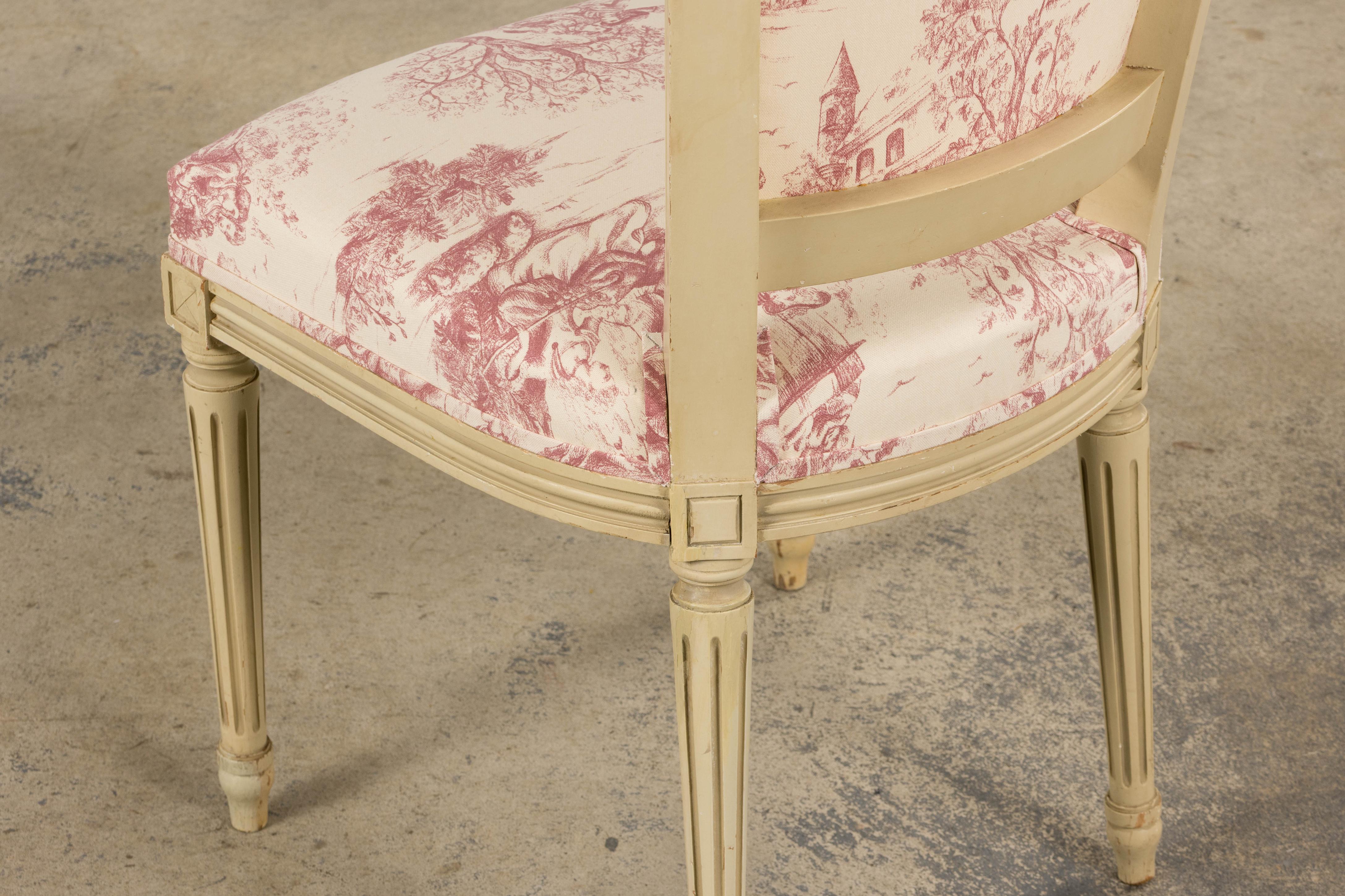 Antique French Louis XVI Style Painted Accent Side Chairs in Rose Toile - A Pair For Sale 7