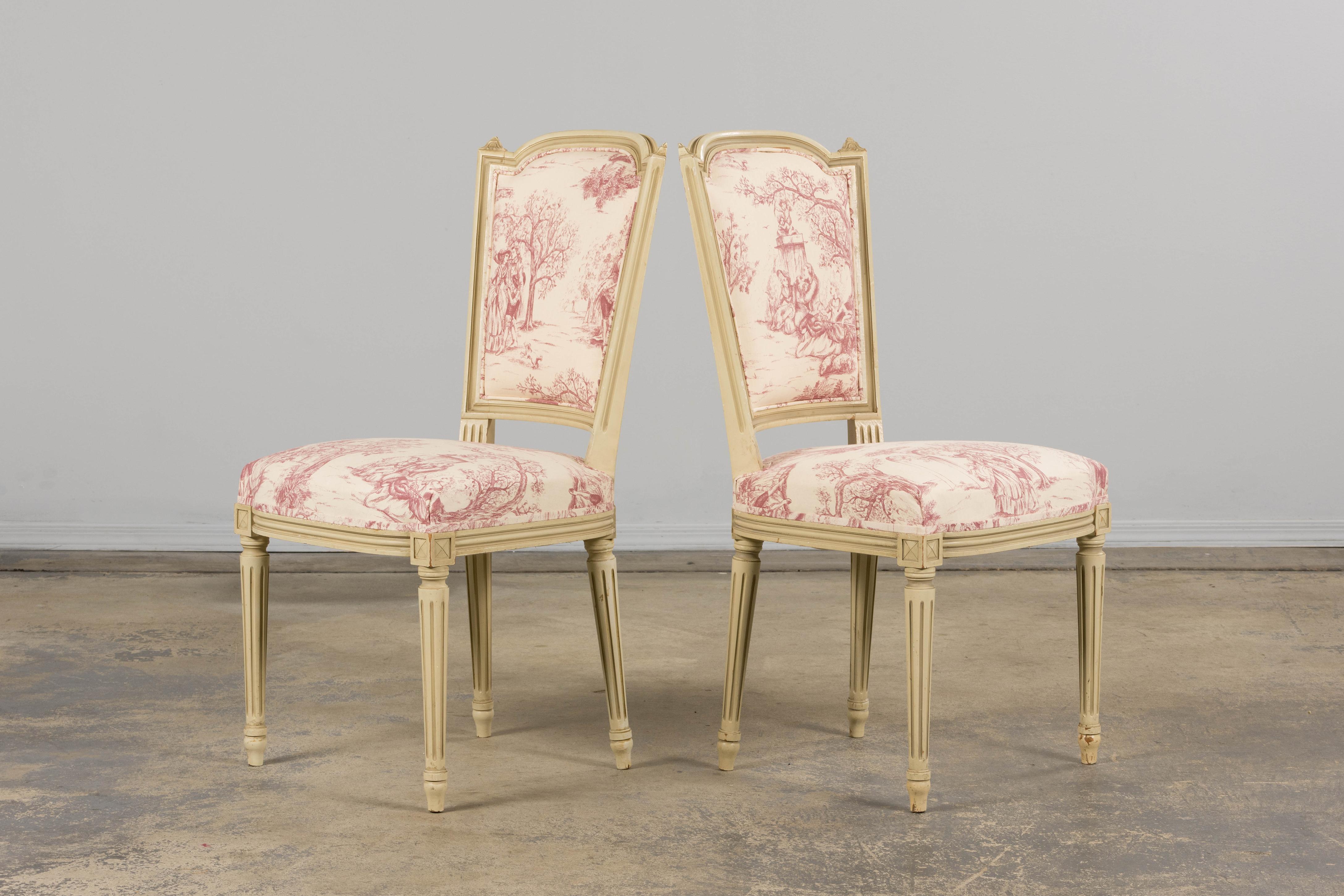 Antique French Louis XVI Style Painted Accent Side Chairs in Rose Toile - A Pair For Sale 8