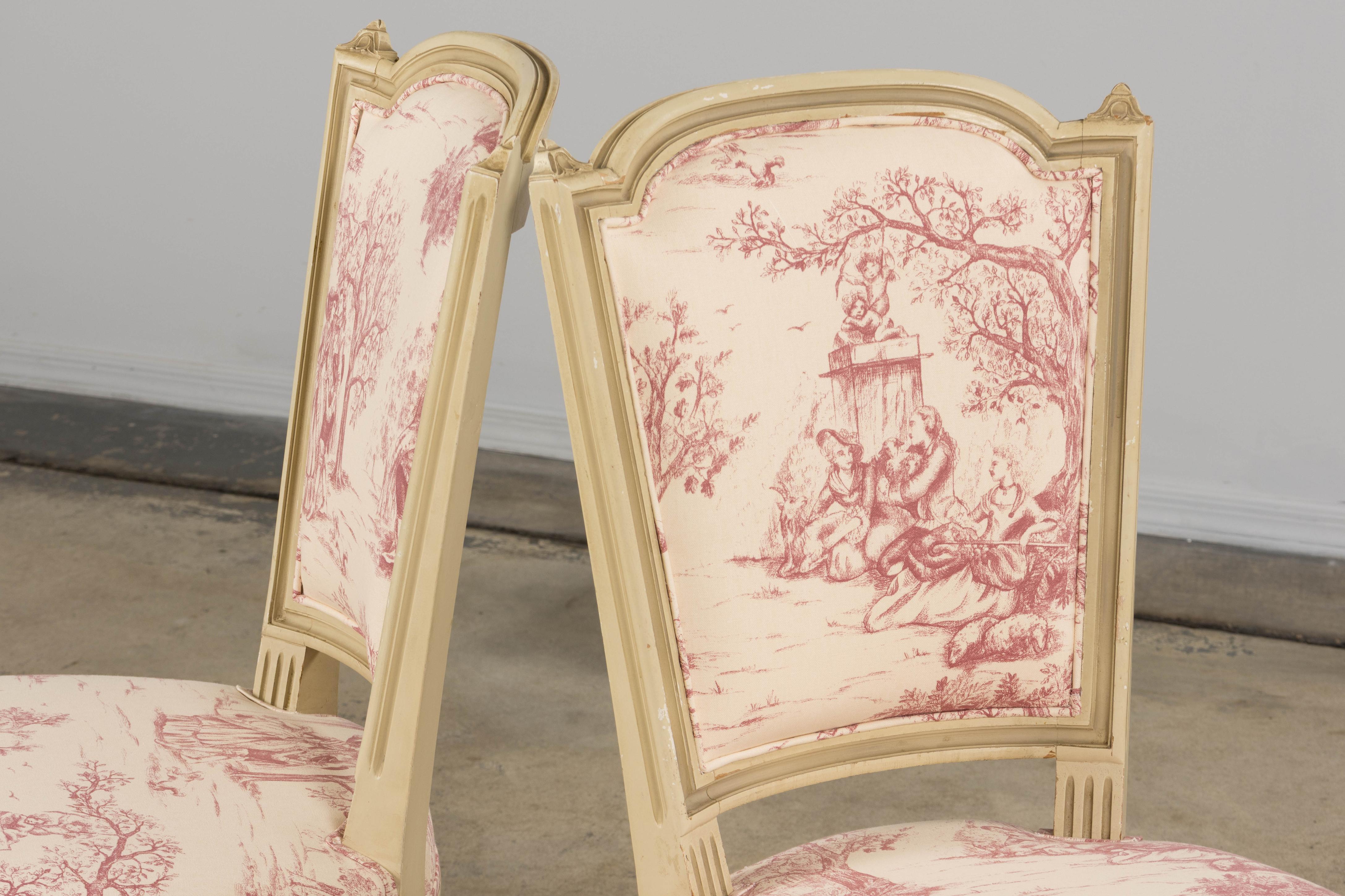 Antique French Louis XVI Style Painted Accent Side Chairs in Rose Toile - A Pair For Sale 9