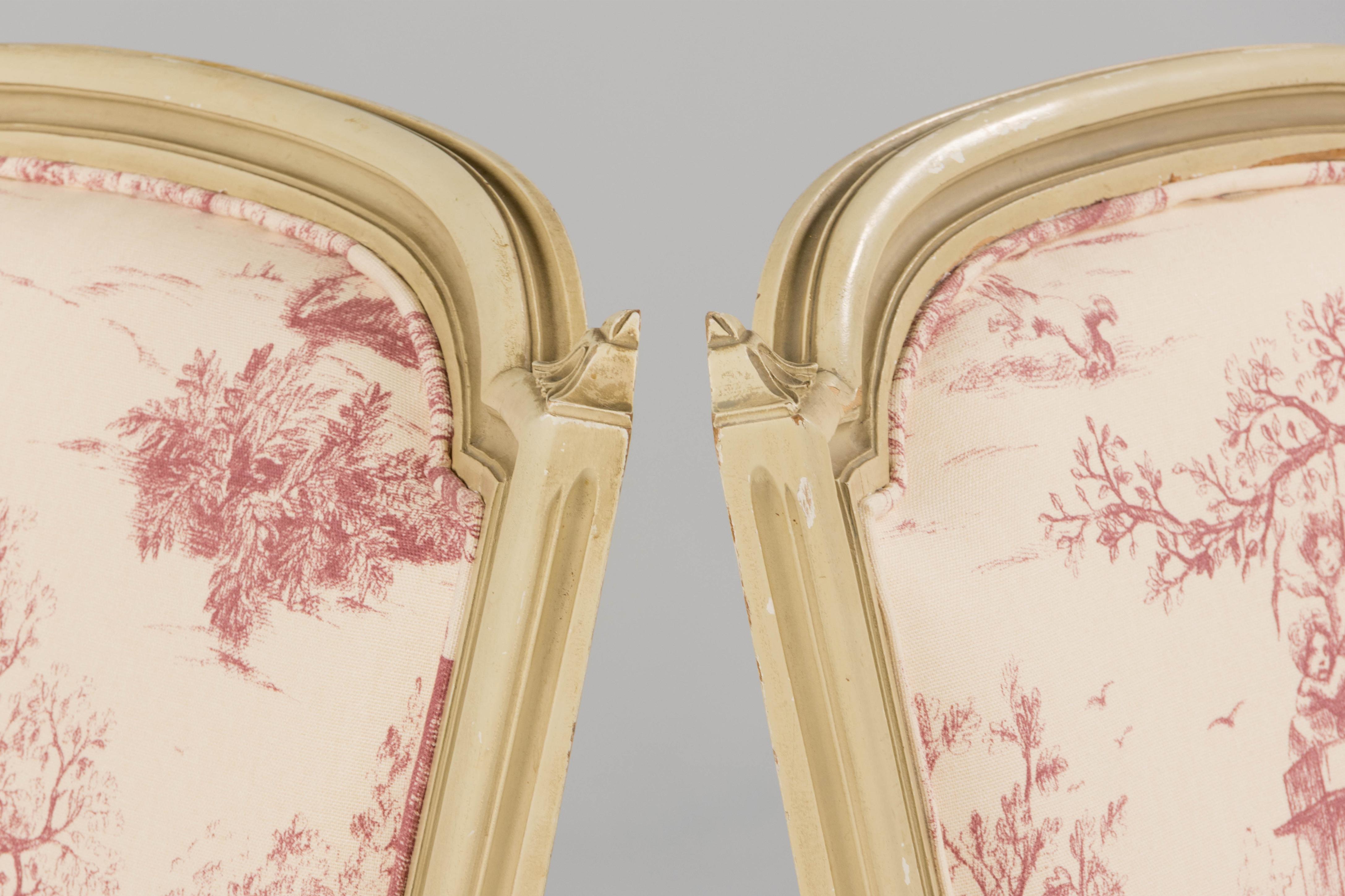 Antique French Louis XVI Style Painted Accent Side Chairs in Rose Toile - A Pair For Sale 10