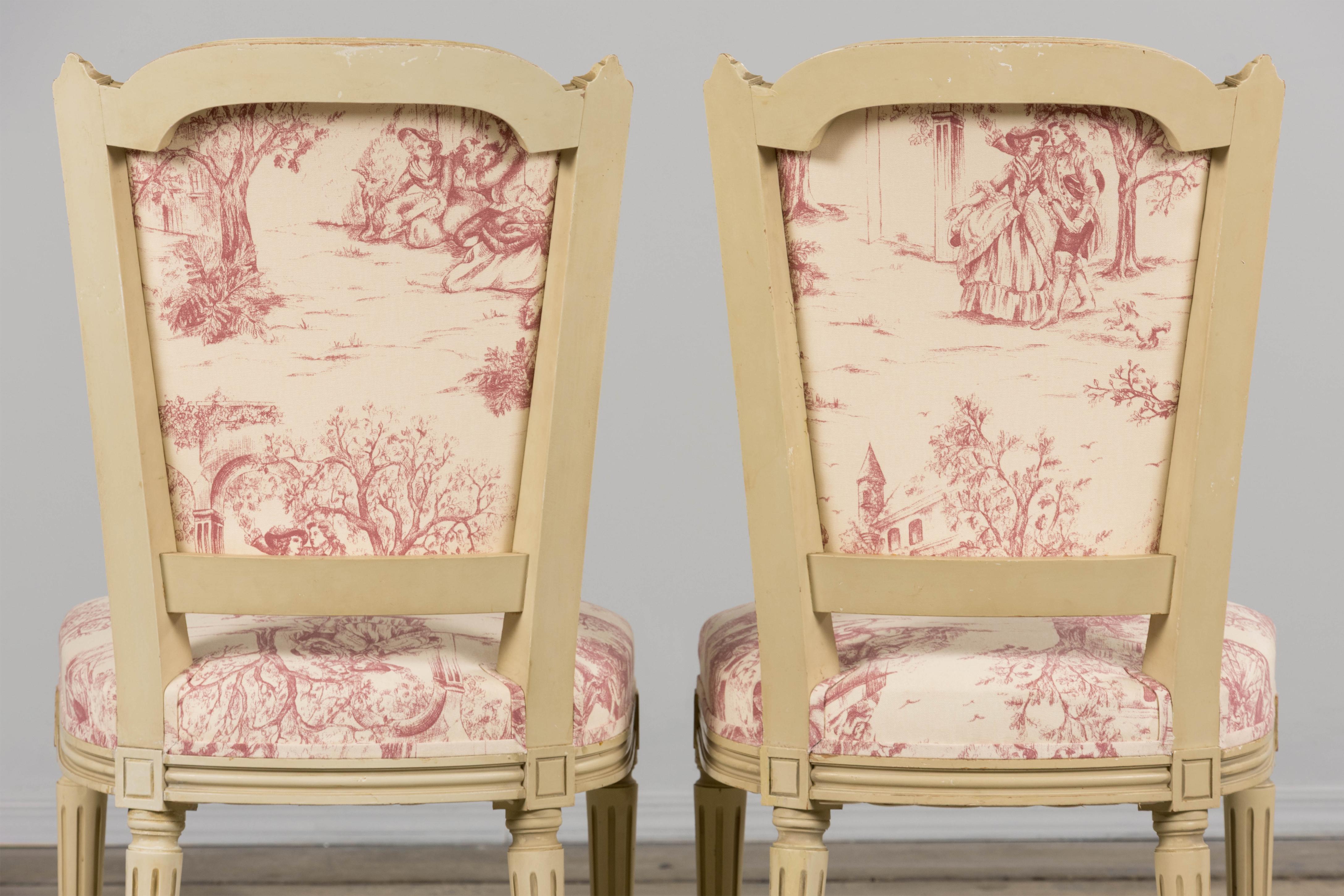 Antique French Louis XVI Style Painted Accent Side Chairs in Rose Toile - A Pair For Sale 12