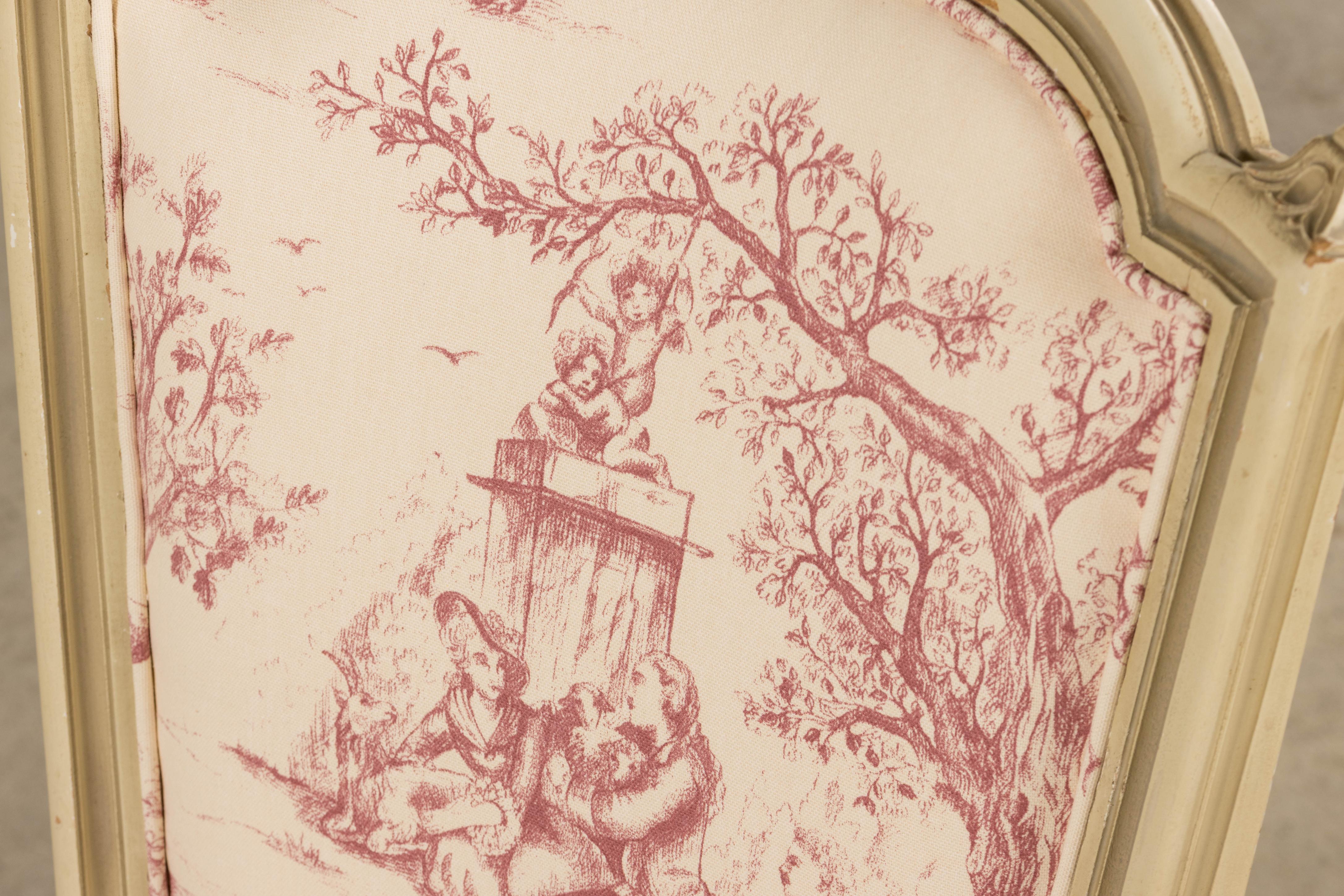 Antique French Louis XVI Style Painted Accent Side Chairs in Rose Toile - A Pair For Sale 13