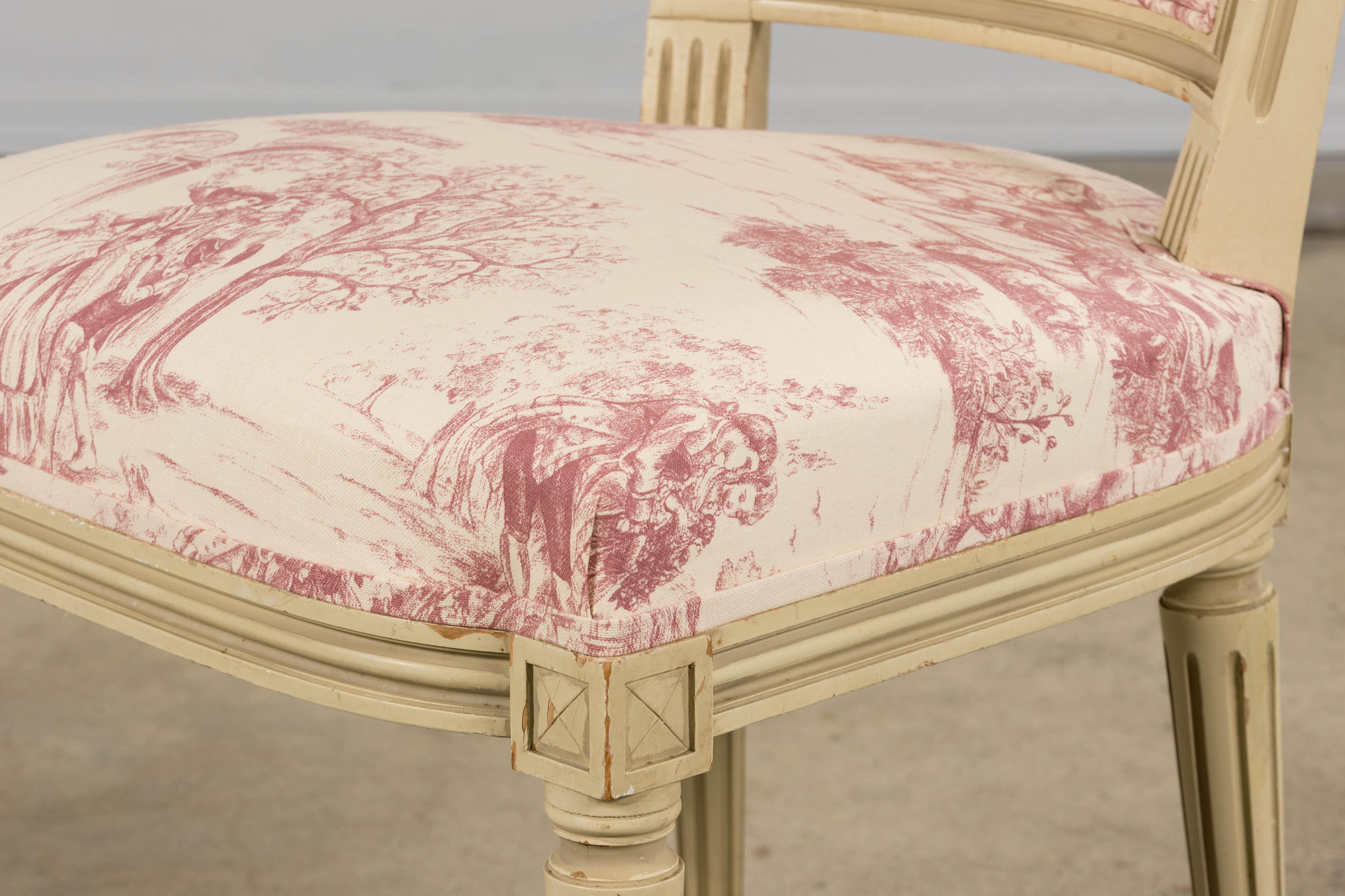 Antique French Louis XVI Style Painted Accent Side Chairs in Rose Toile - A Pair For Sale 14