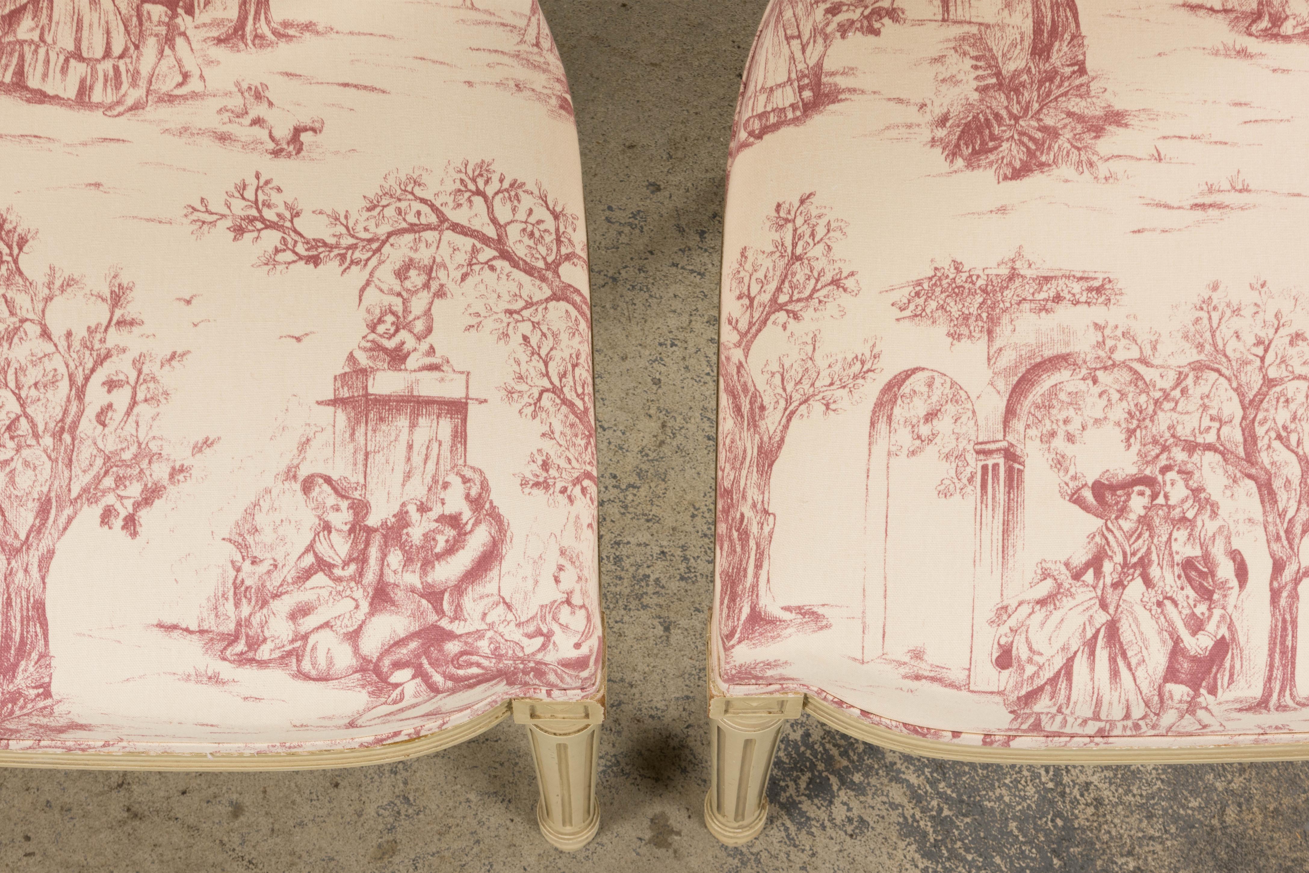 Antique French Louis XVI Style Painted Accent Side Chairs in Rose Toile - A Pair In Good Condition For Sale In Astoria, NY