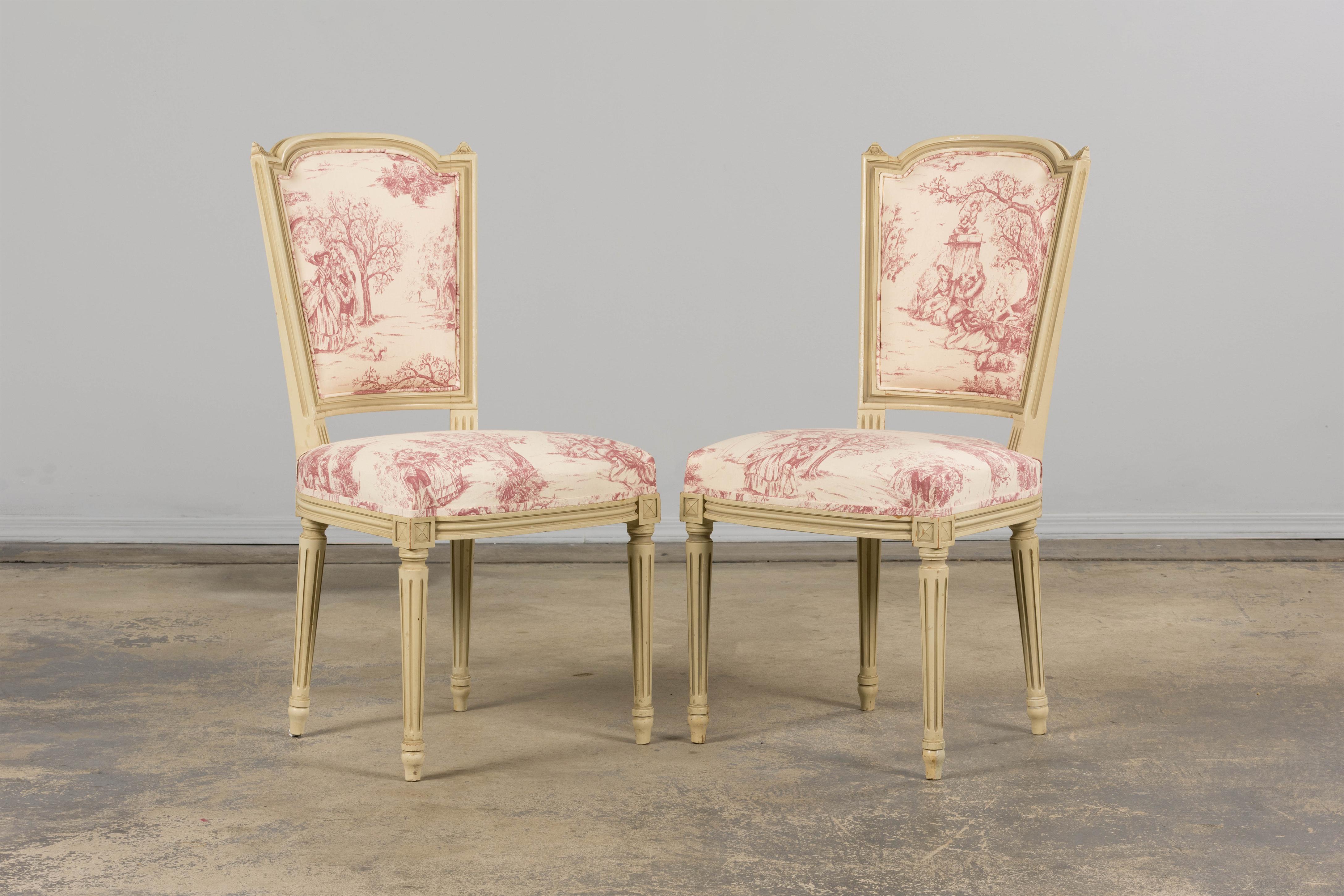 20th Century Antique French Louis XVI Style Painted Accent Side Chairs in Rose Toile - A Pair For Sale