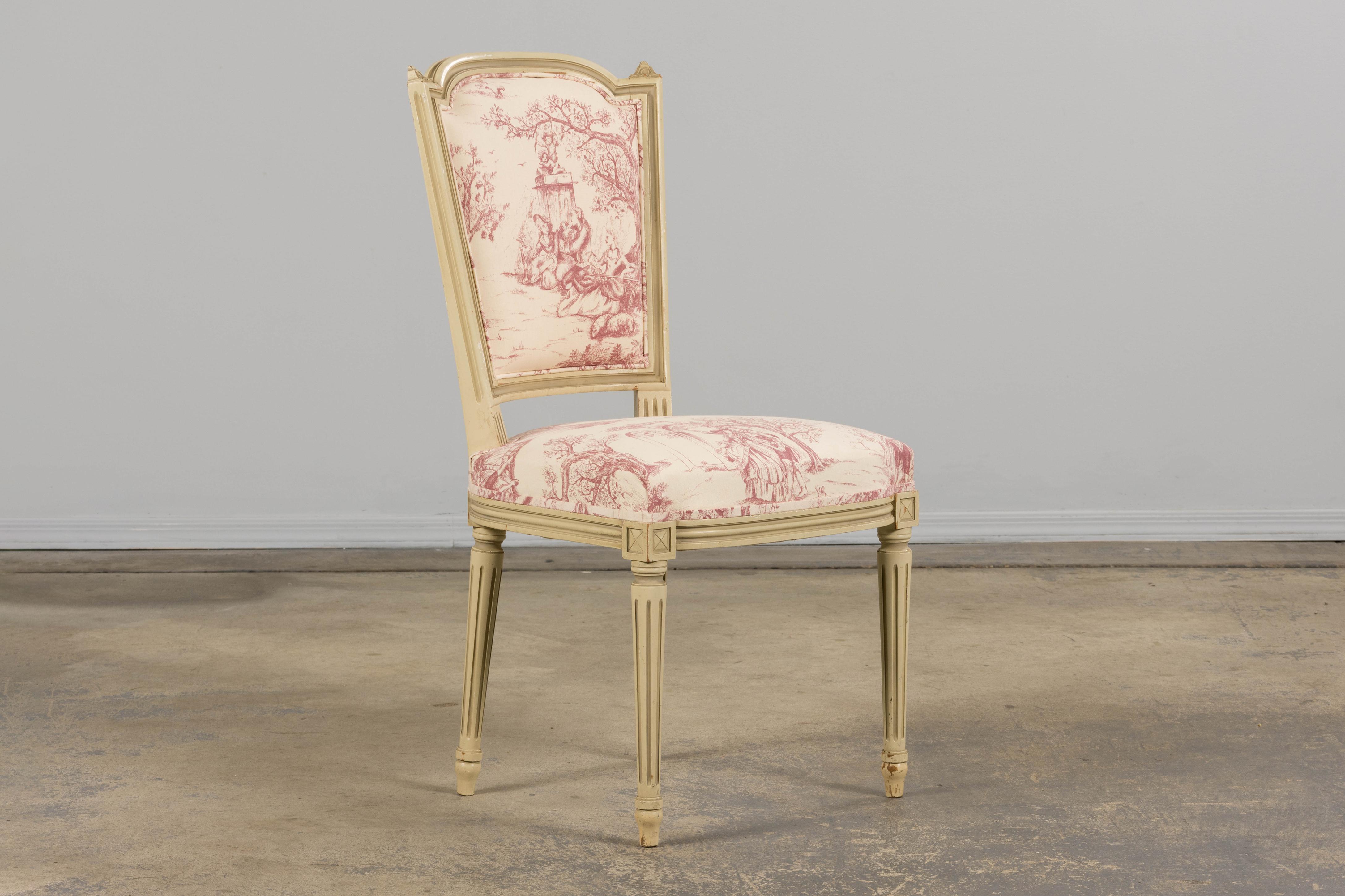 Fabric Antique French Louis XVI Style Painted Accent Side Chairs in Rose Toile - A Pair For Sale