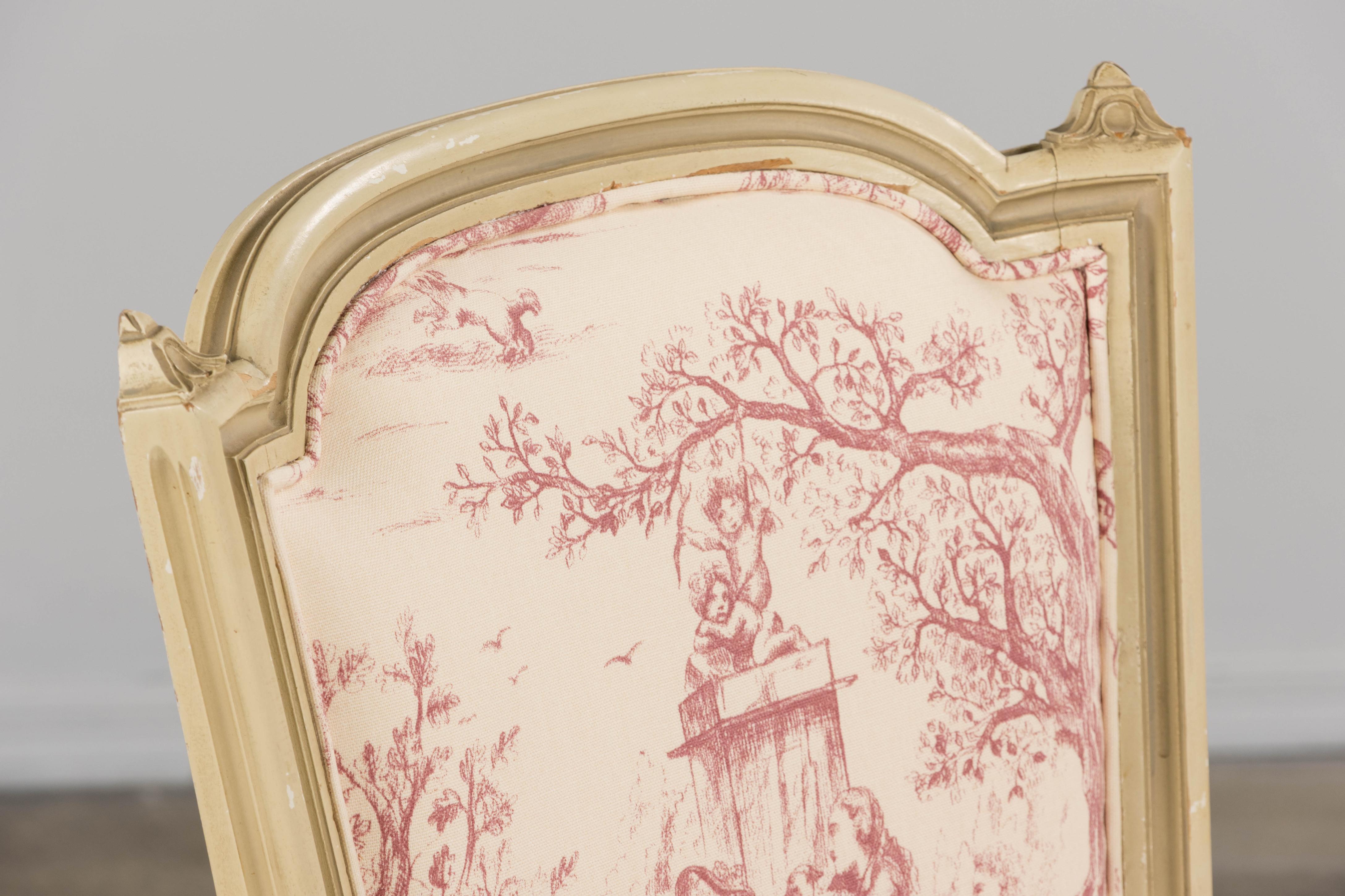 Antique French Louis XVI Style Painted Accent Side Chairs in Rose Toile - A Pair For Sale 1