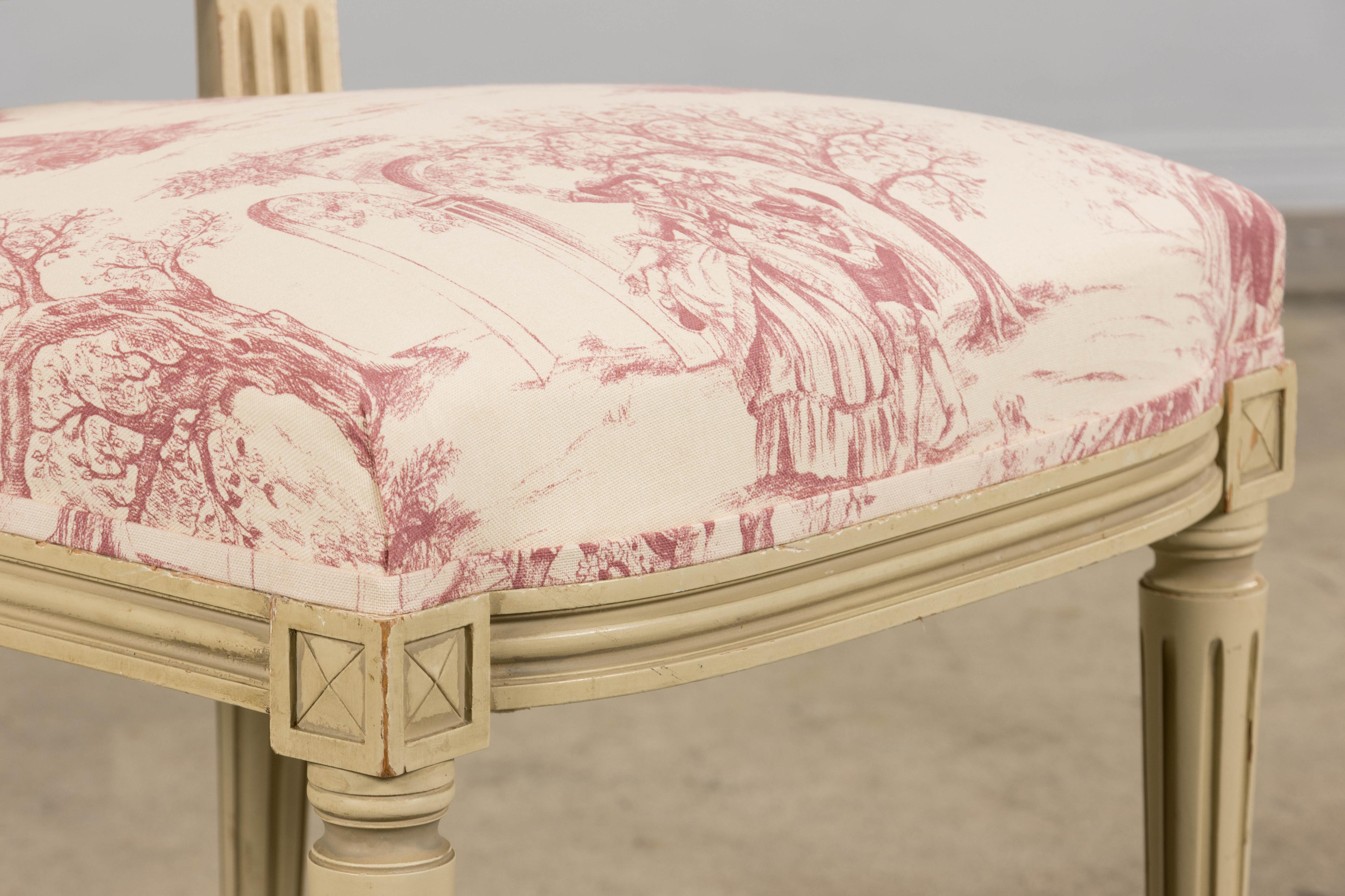 Antique French Louis XVI Style Painted Accent Side Chairs in Rose Toile - A Pair For Sale 2
