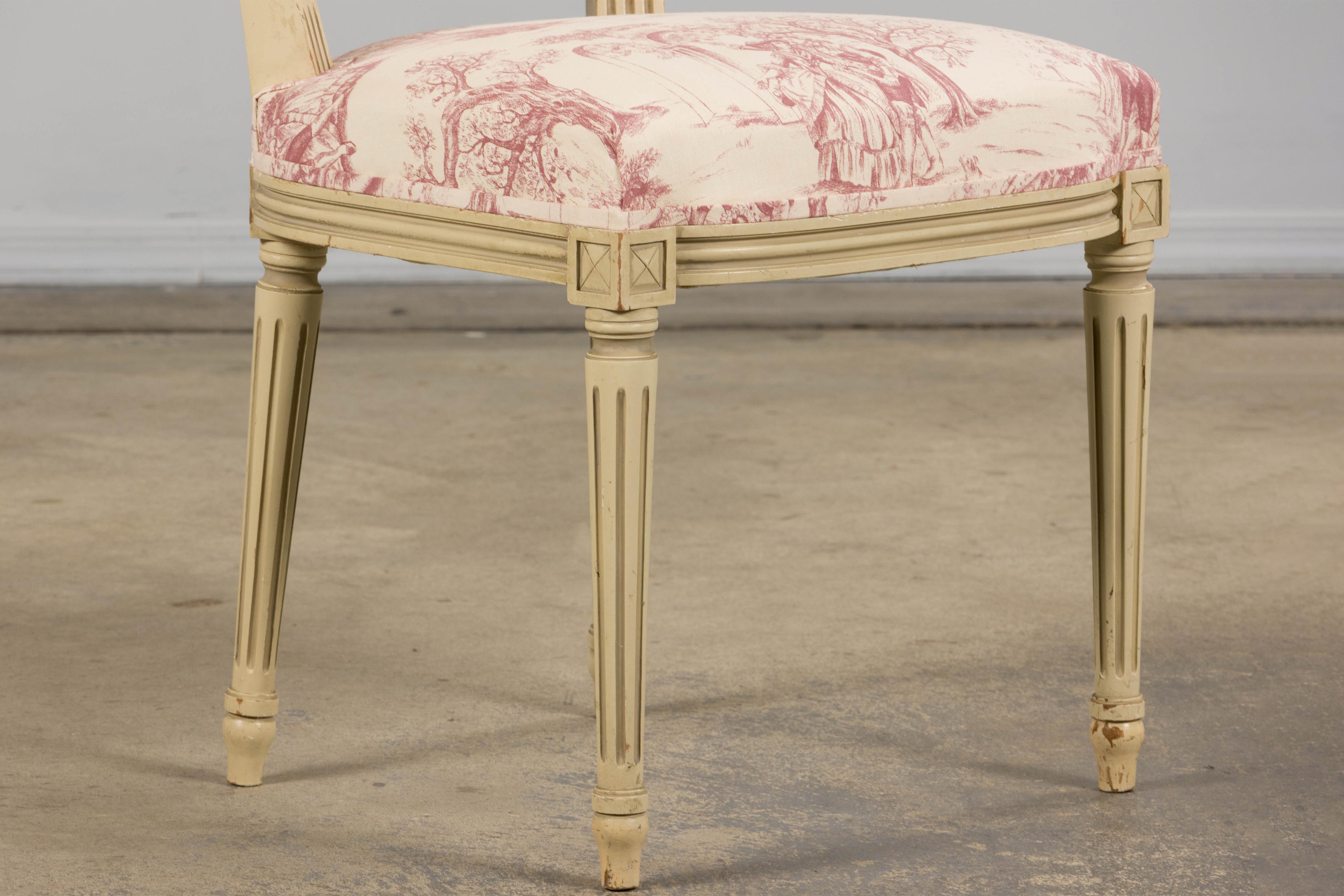 Antique French Louis XVI Style Painted Accent Side Chairs in Rose Toile - A Pair For Sale 3