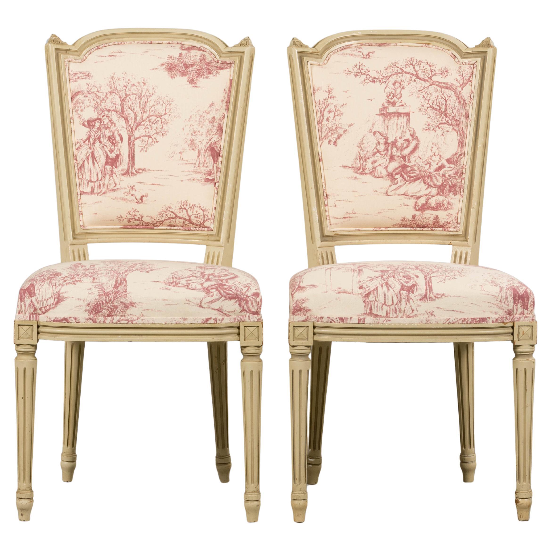 Antique French Louis XVI Style Painted Accent Side Chairs in Rose Toile - A Pair For Sale