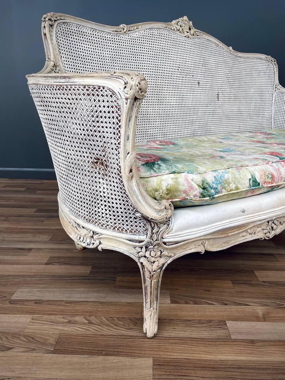 Antique French Louis XVI Style Painted And Caned Settee 1