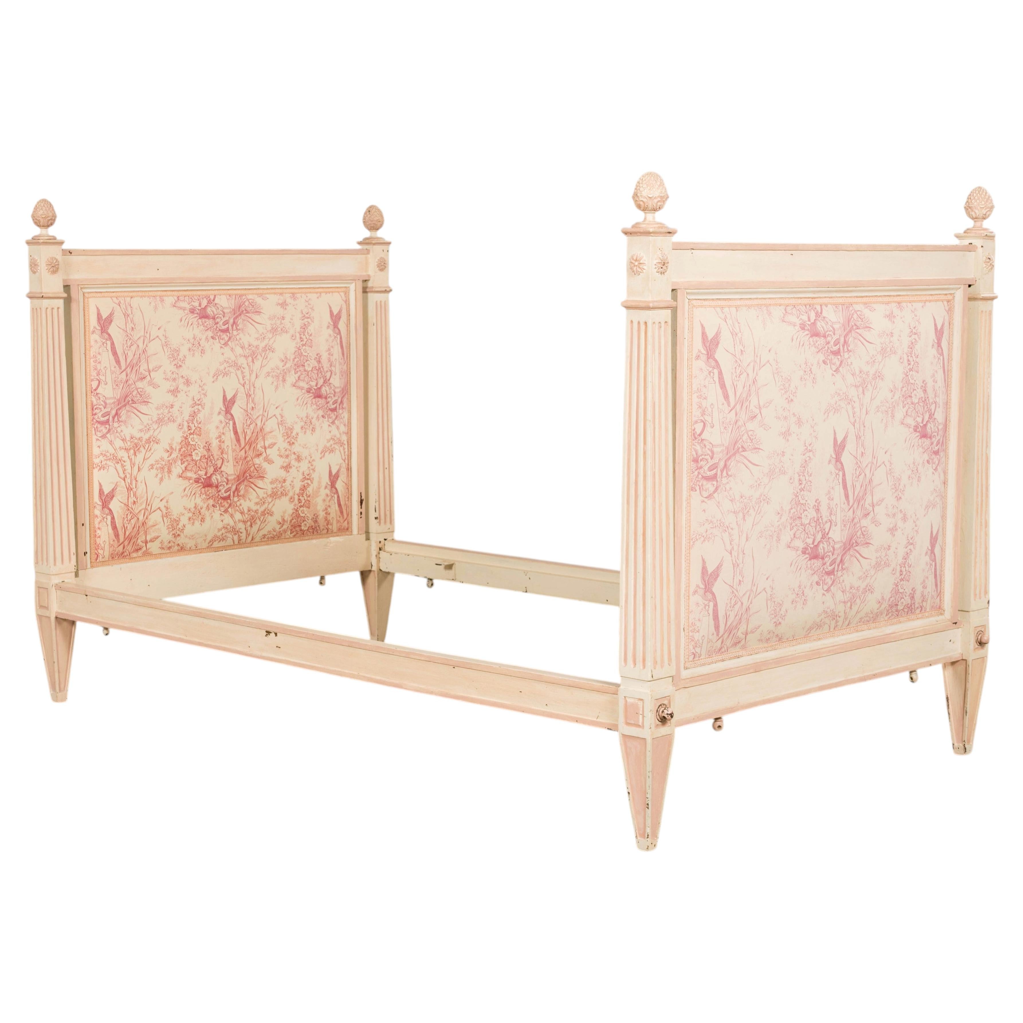 Antique French Louis XVI Style Painted Bed with Toile Panels, 19th Century