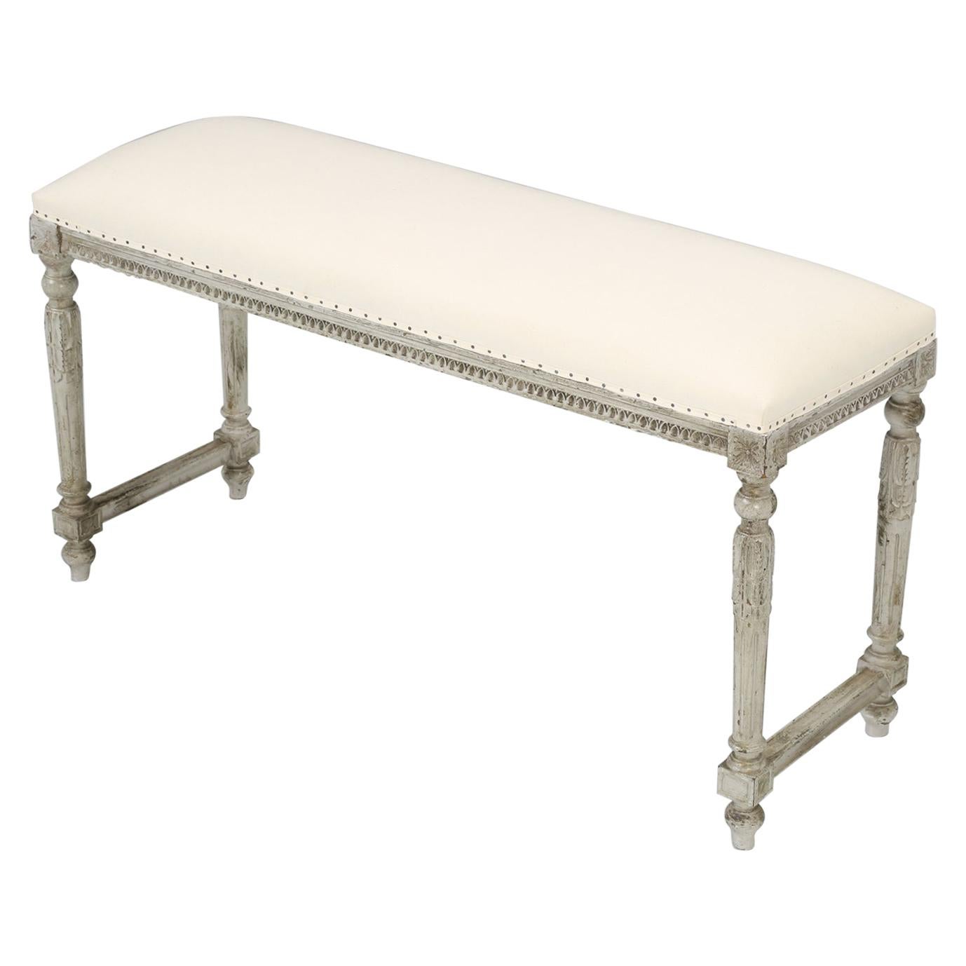 Antique French Louis XVI Style Painted Bench in Old Paint and New Upholstery For Sale