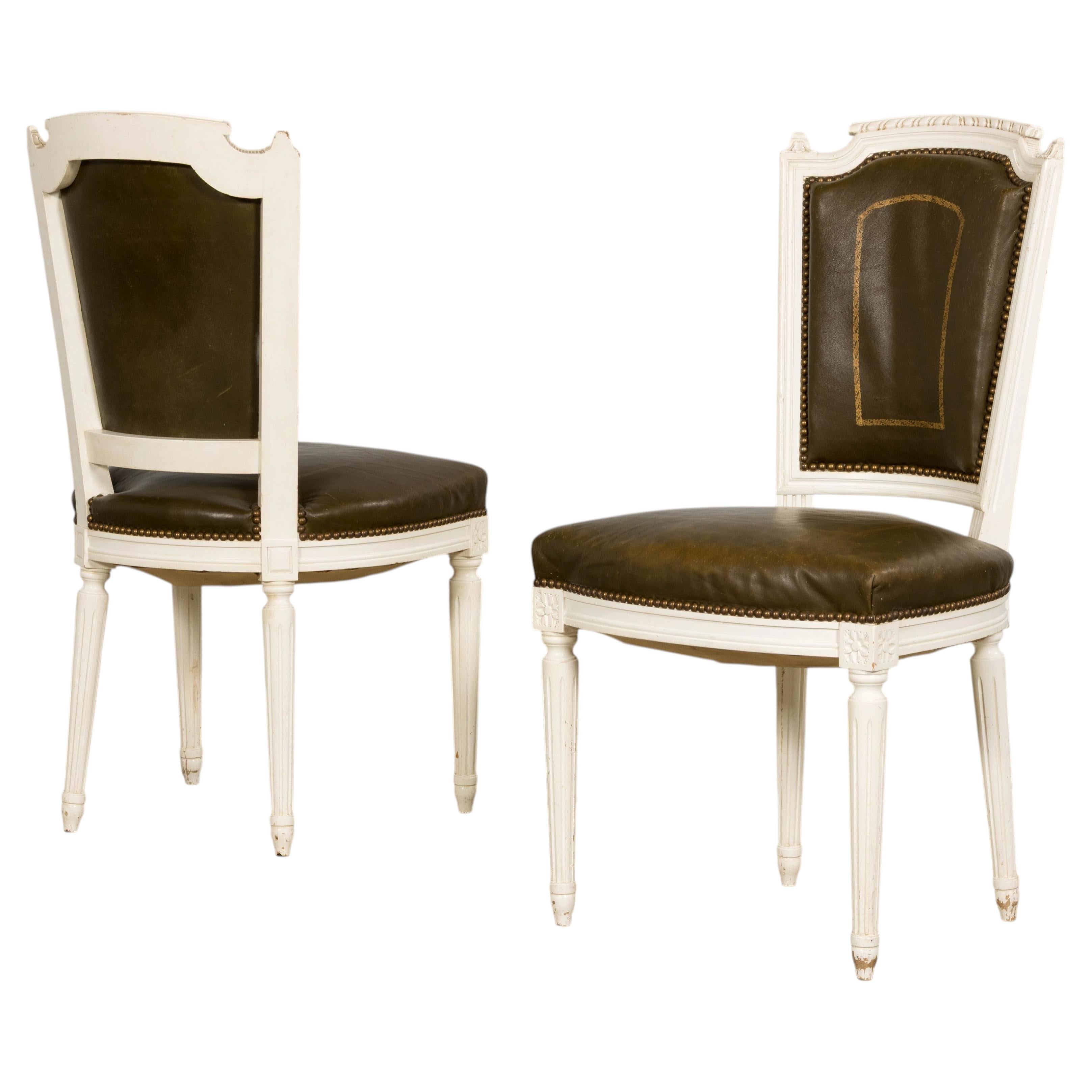 Antique French Louis XVI Style Painted Chairs with Olive Green Leather – A Pair