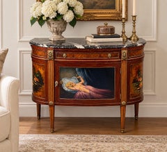 Buffet demi-lune ancien de style Louis XVI, peint, avec plateau en marbre noir