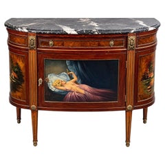 Buffet demi-lune ancien de style Louis XVI, peint, avec plateau en marbre noir