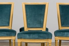 Antique French Louis XVI Style Painted Dining Chairs in Blue Velvet - Set of 6