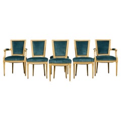 Antique French Louis XVI Style Painted Dining Chairs in Blue Velvet - Set of 6
