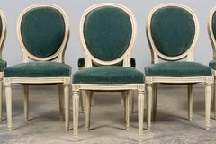 Antique French Louis XVI Style Painted Dining Chairs in Teal Mohair - Set of 8
