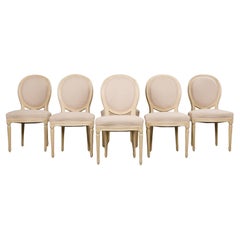 Antique French Louis XVI Style Painted Dairs W/ Cream Fabric - Set of 6