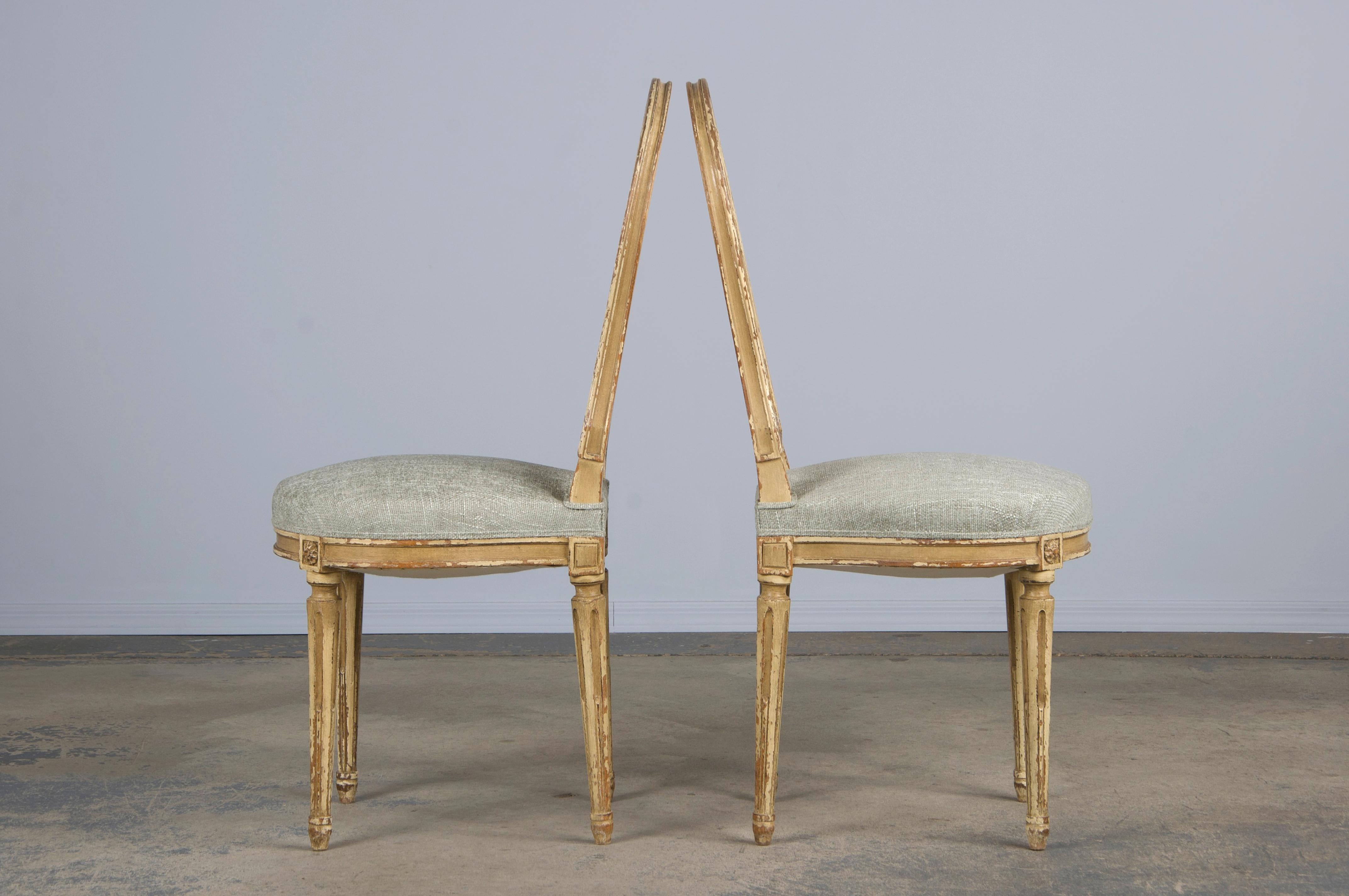 Antique French Louis XVI Style Painted Dining Chairs W/ Green Chenille- Set of 6 5