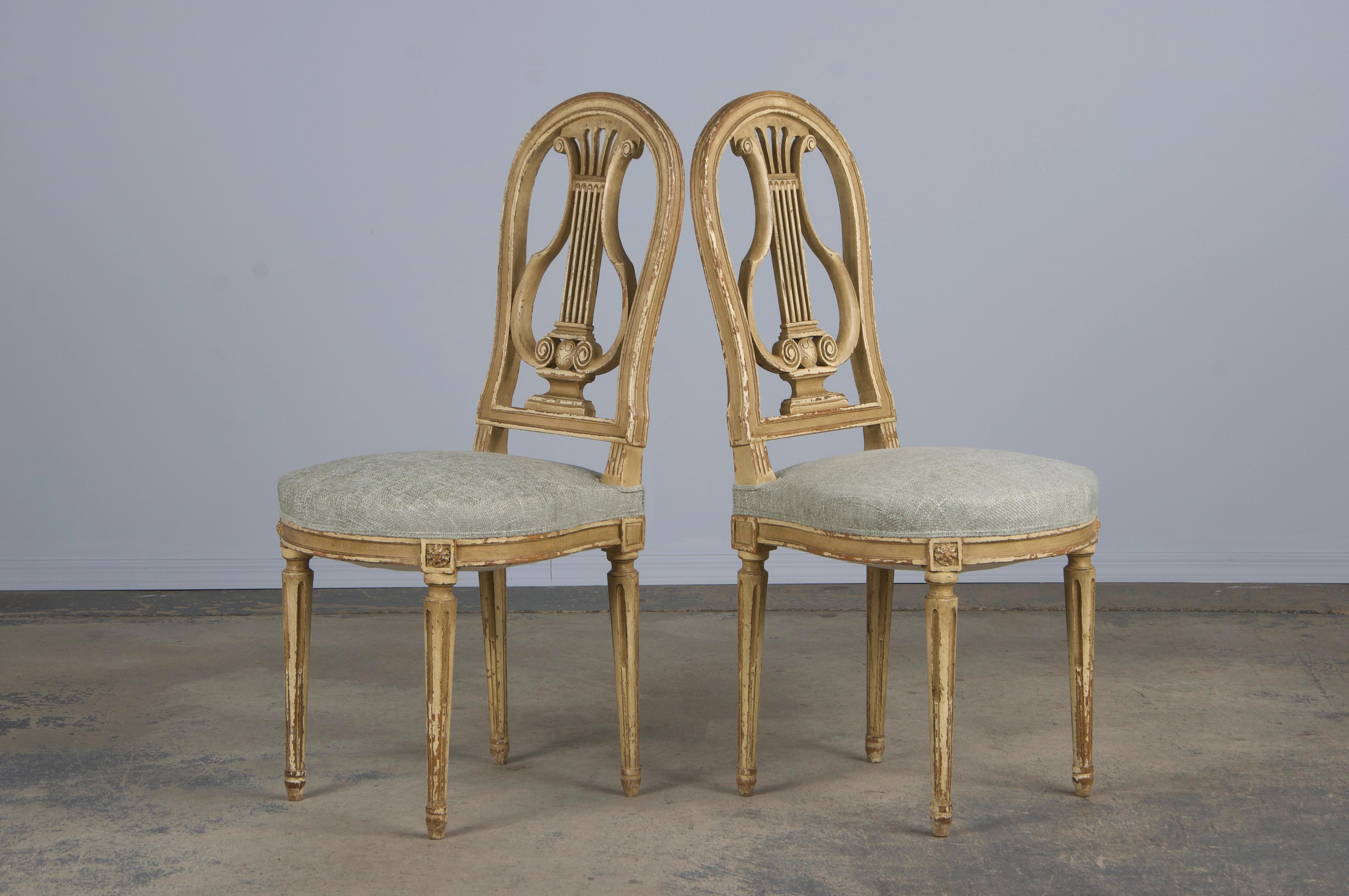 Antique French Louis XVI Style Painted Dining Chairs W/ Green Chenille- Set of 6 6