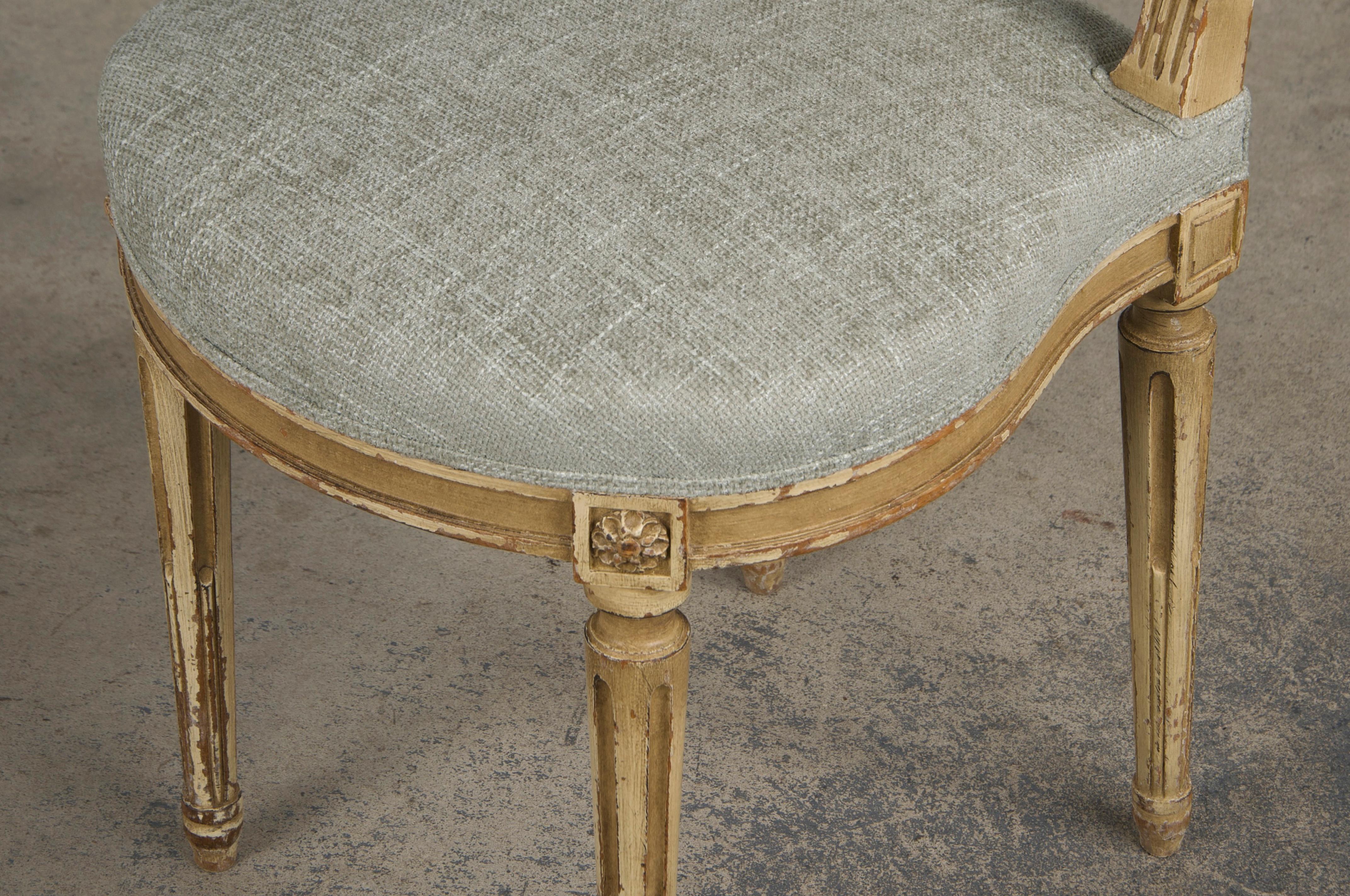 Antique French Louis XVI Style Painted Dining Chairs W/ Green Chenille- Set of 6 7