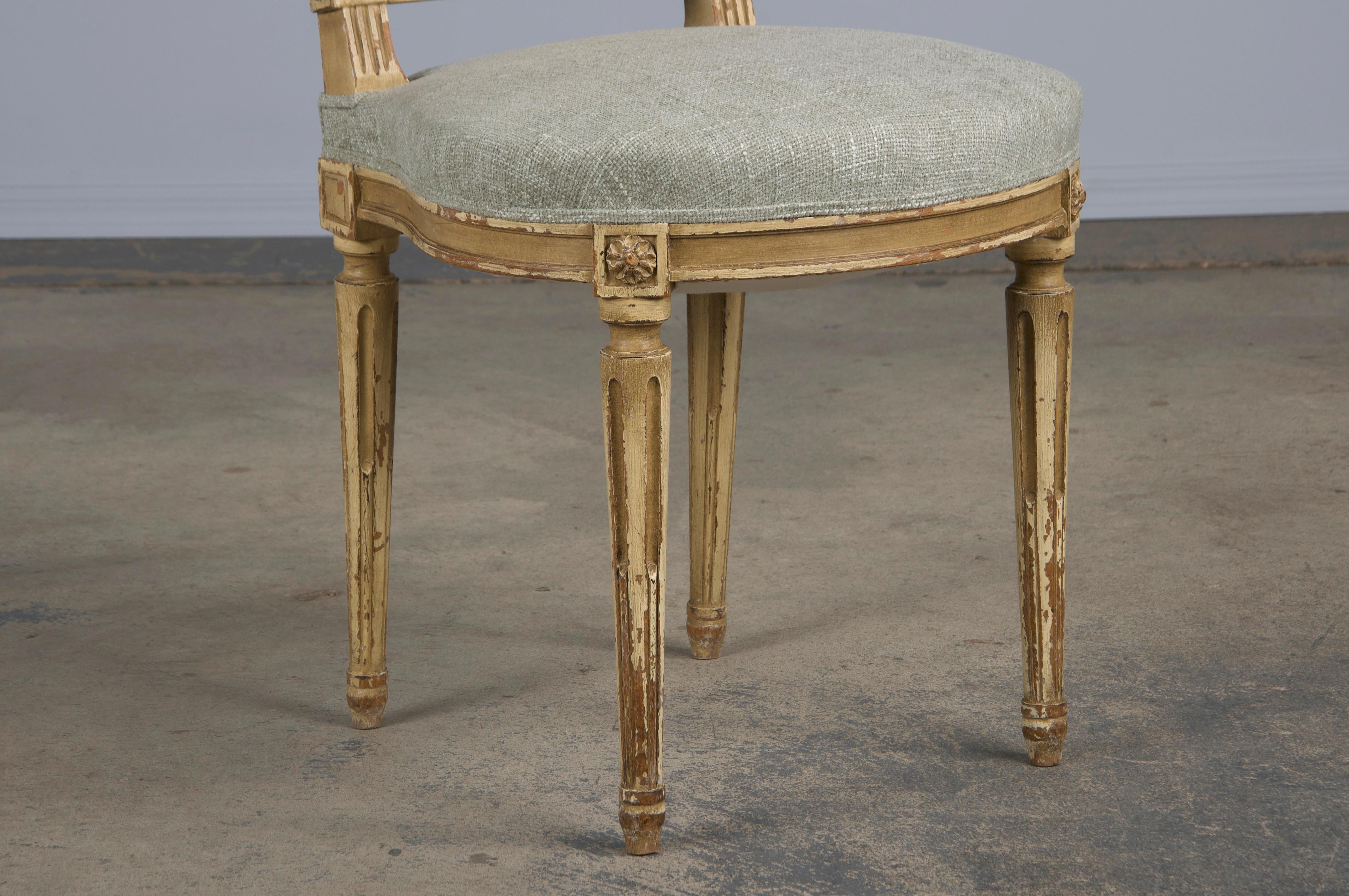 Antique French Louis XVI Style Painted Dining Chairs W/ Green Chenille- Set of 6 8