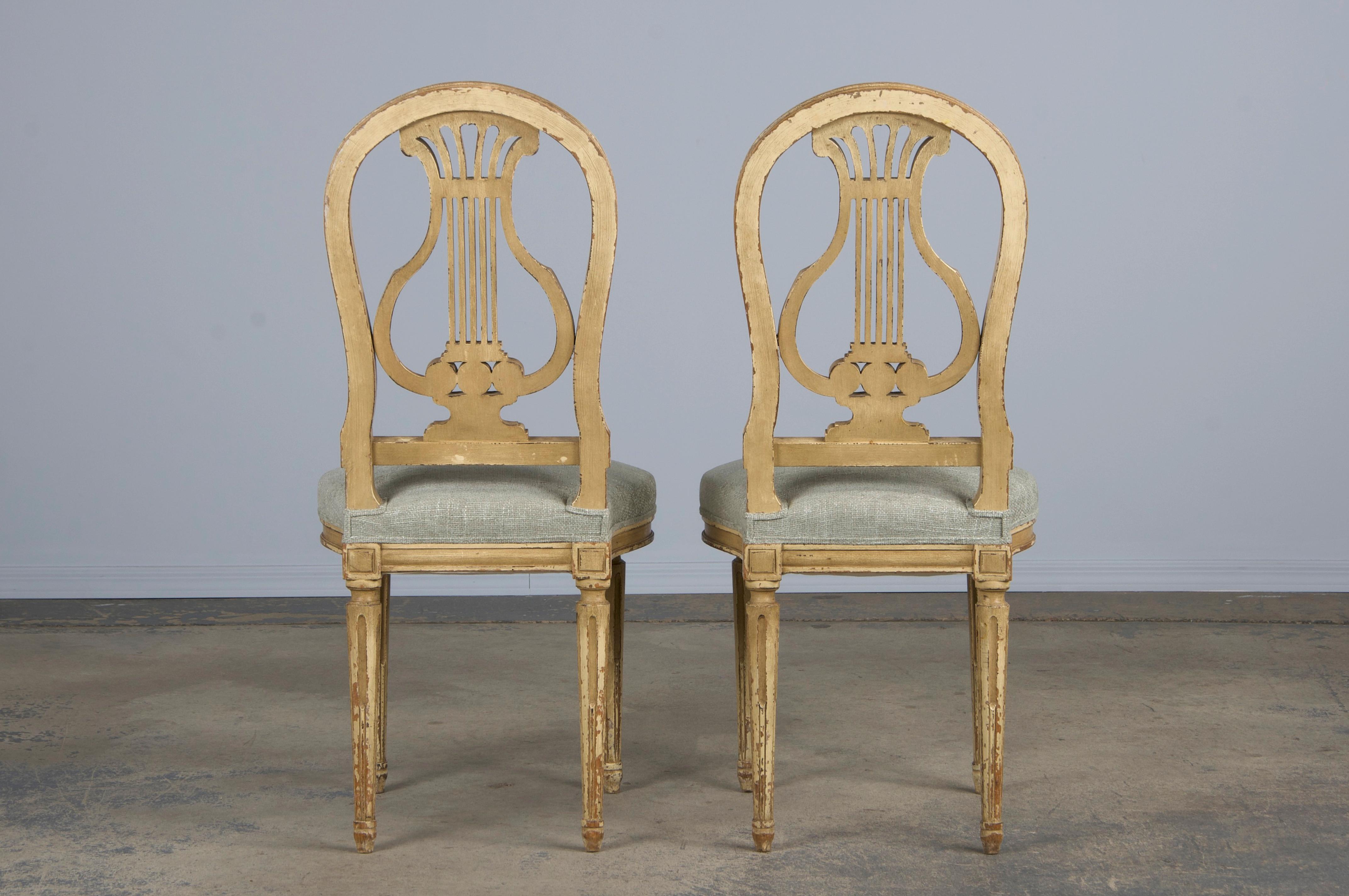 Antique French Louis XVI Style Painted Dining Chairs W/ Green Chenille- Set of 6 9