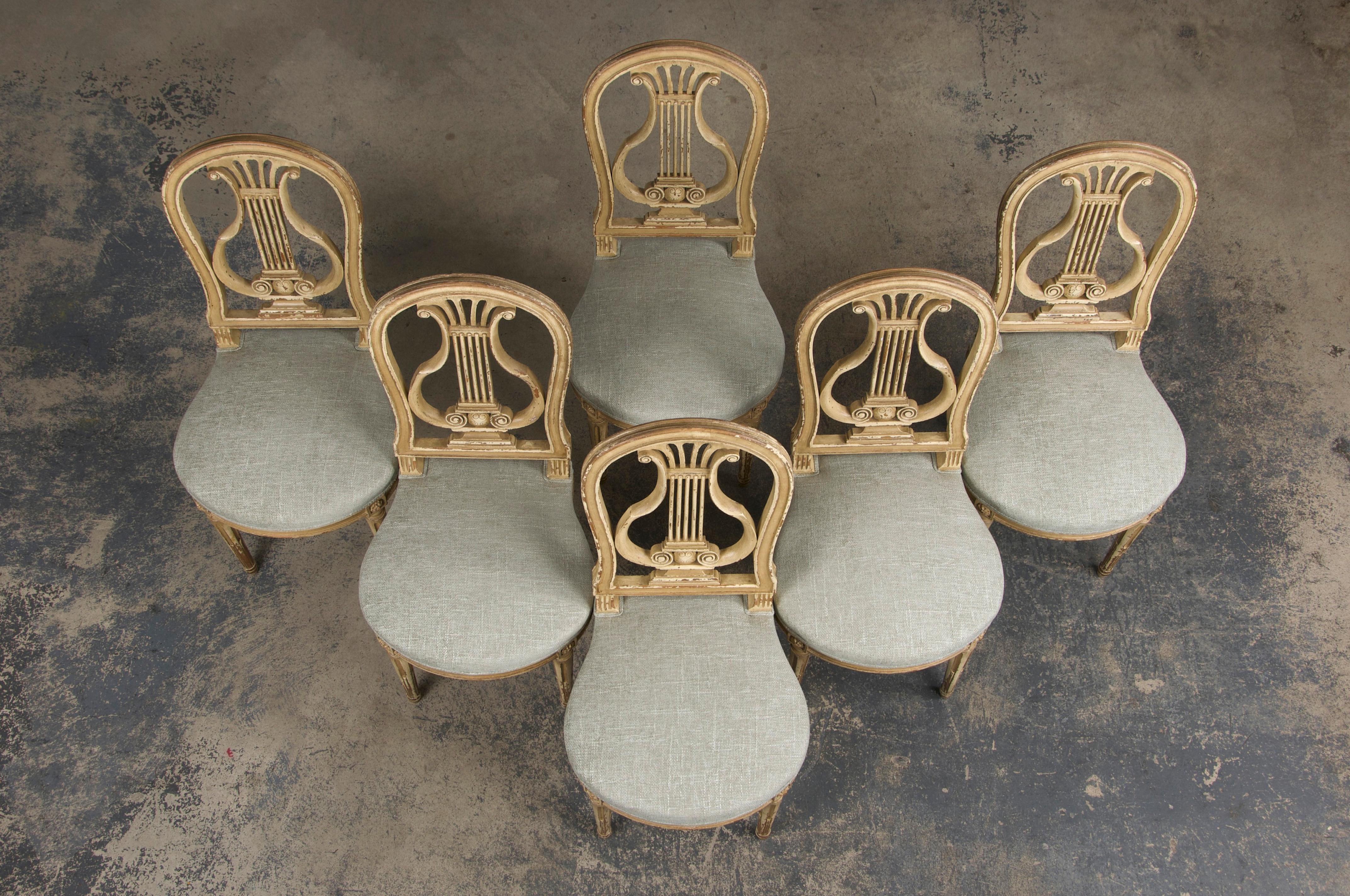 Hand-Crafted Antique French Louis XVI Style Painted Dining Chairs W/ Green Chenille- Set of 6