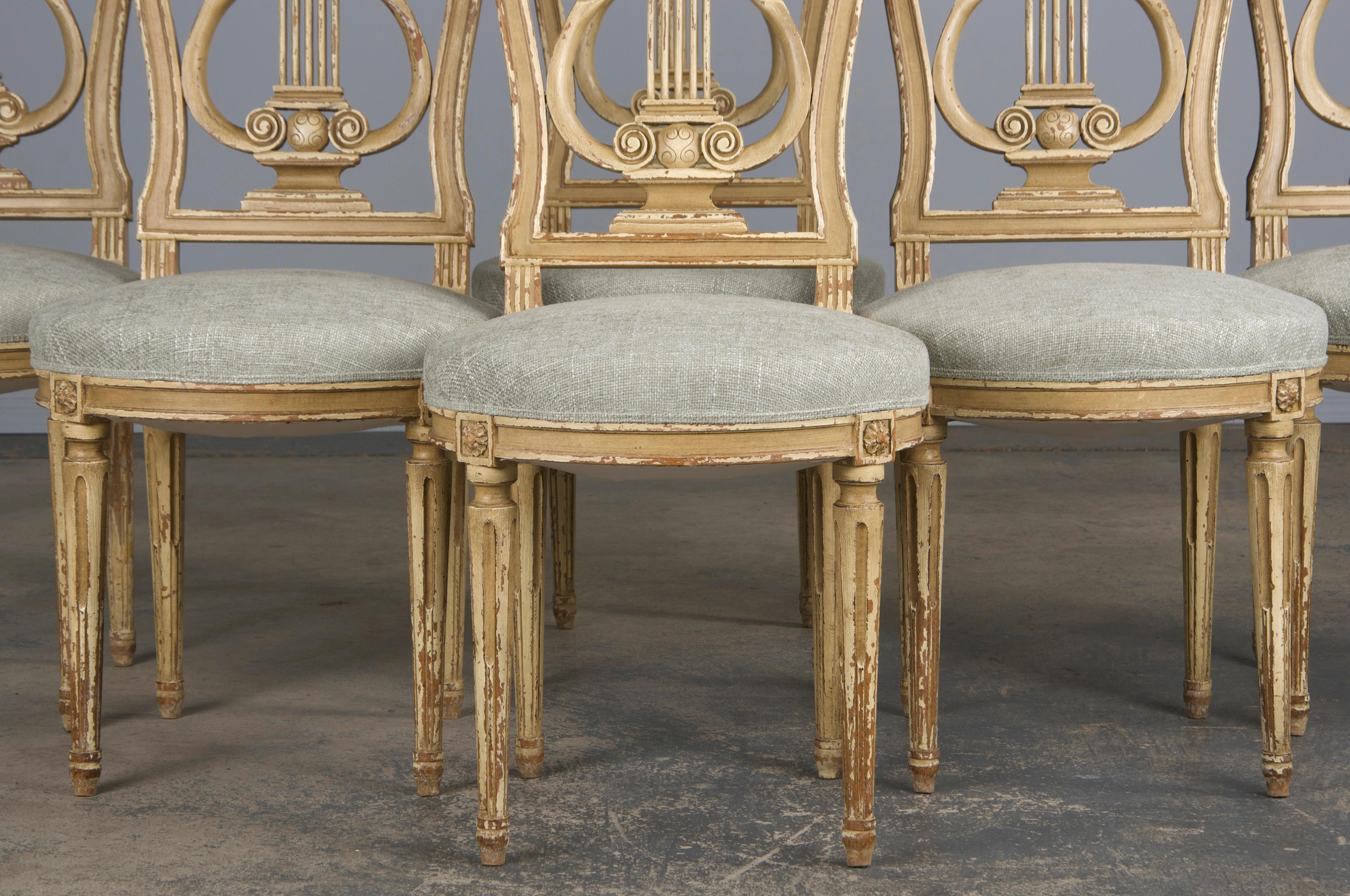 Antique French Louis XVI Style Painted Dining Chairs W/ Green Chenille- Set of 6 In Good Condition In Astoria, NY