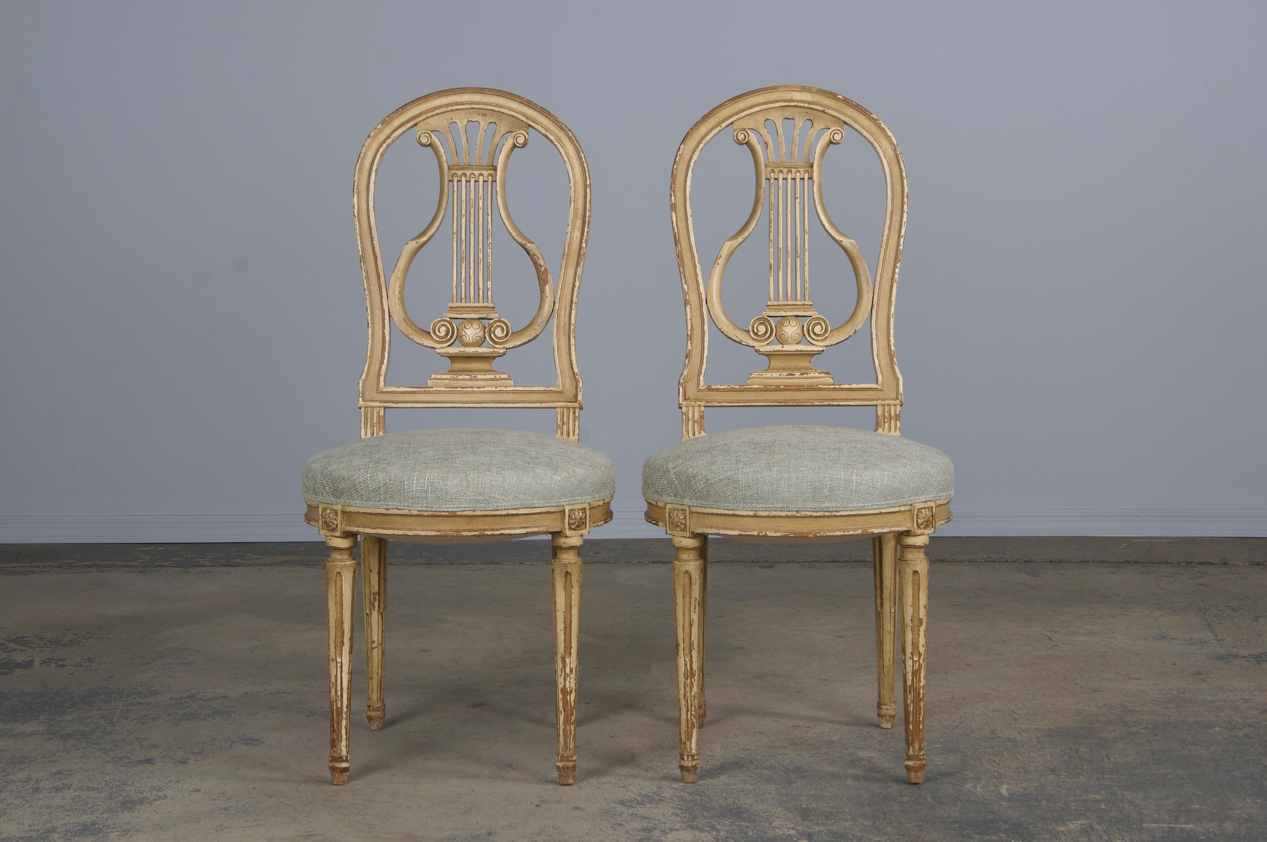 19th Century Antique French Louis XVI Style Painted Dining Chairs W/ Green Chenille- Set of 6