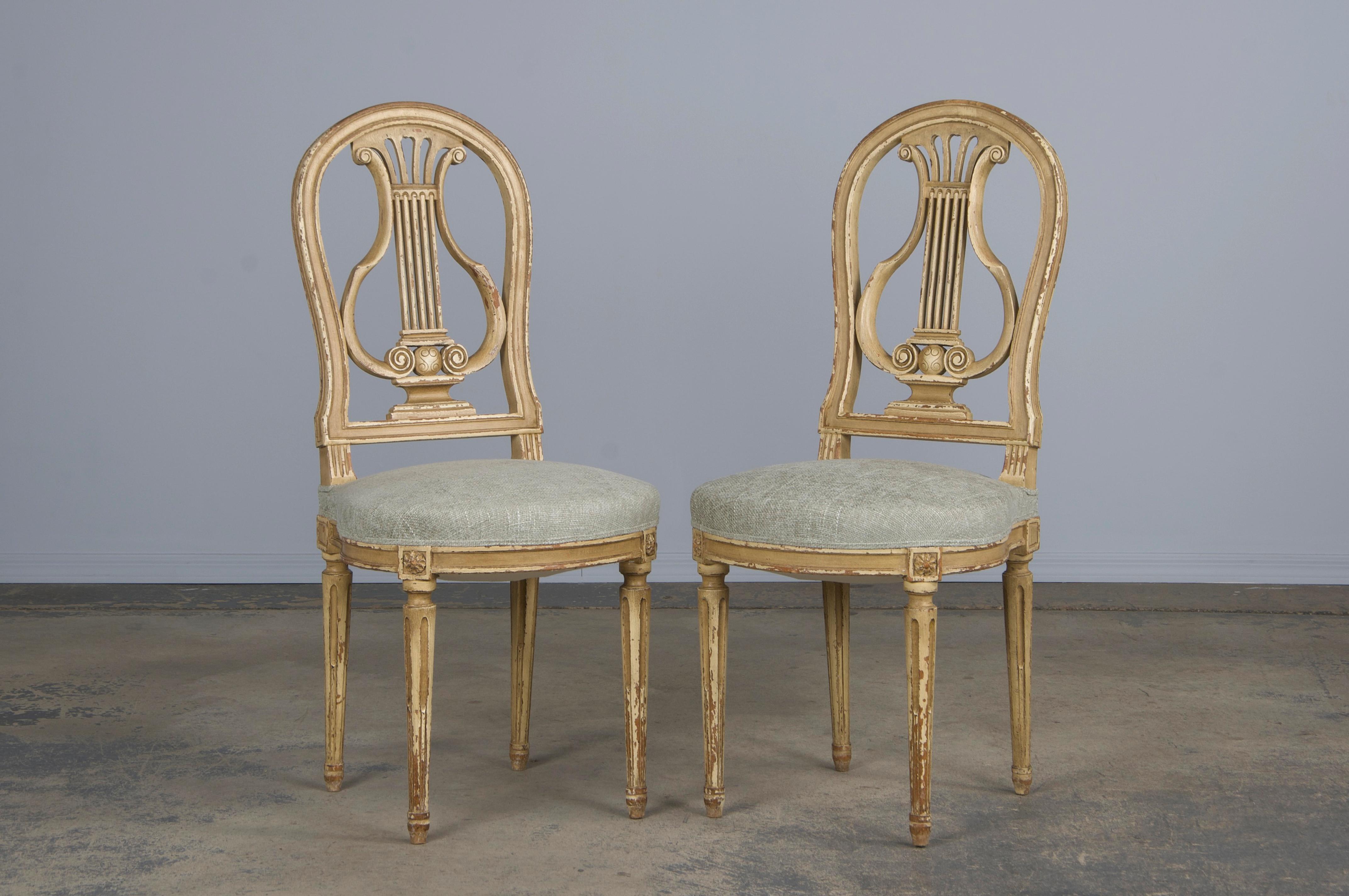 Antique French Louis XVI Style Painted Dining Chairs W/ Green Chenille- Set of 6 1