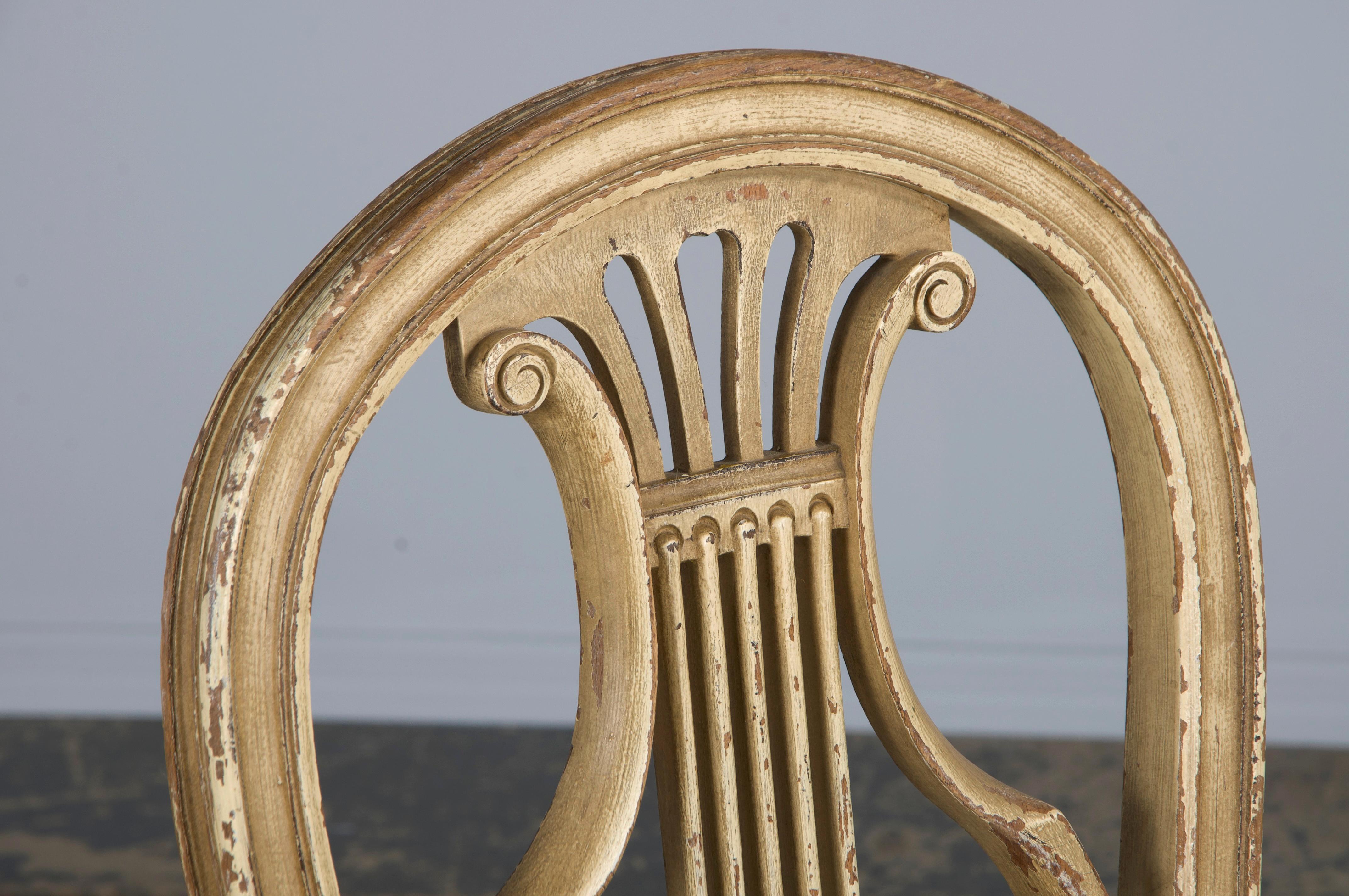 Antique French Louis XVI Style Painted Dining Chairs W/ Green Chenille- Set of 6 2