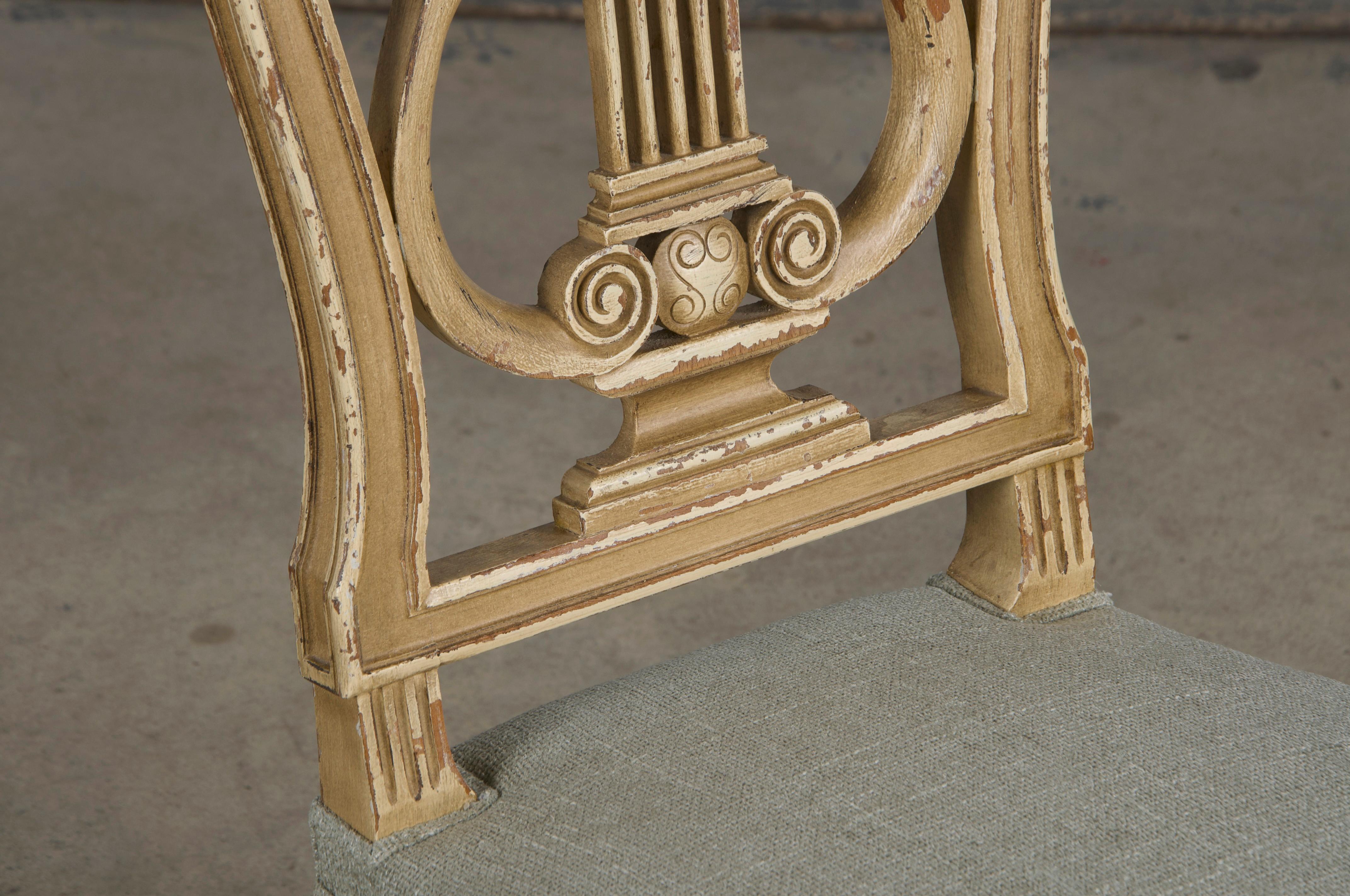 Antique French Louis XVI Style Painted Dining Chairs W/ Green Chenille- Set of 6 3