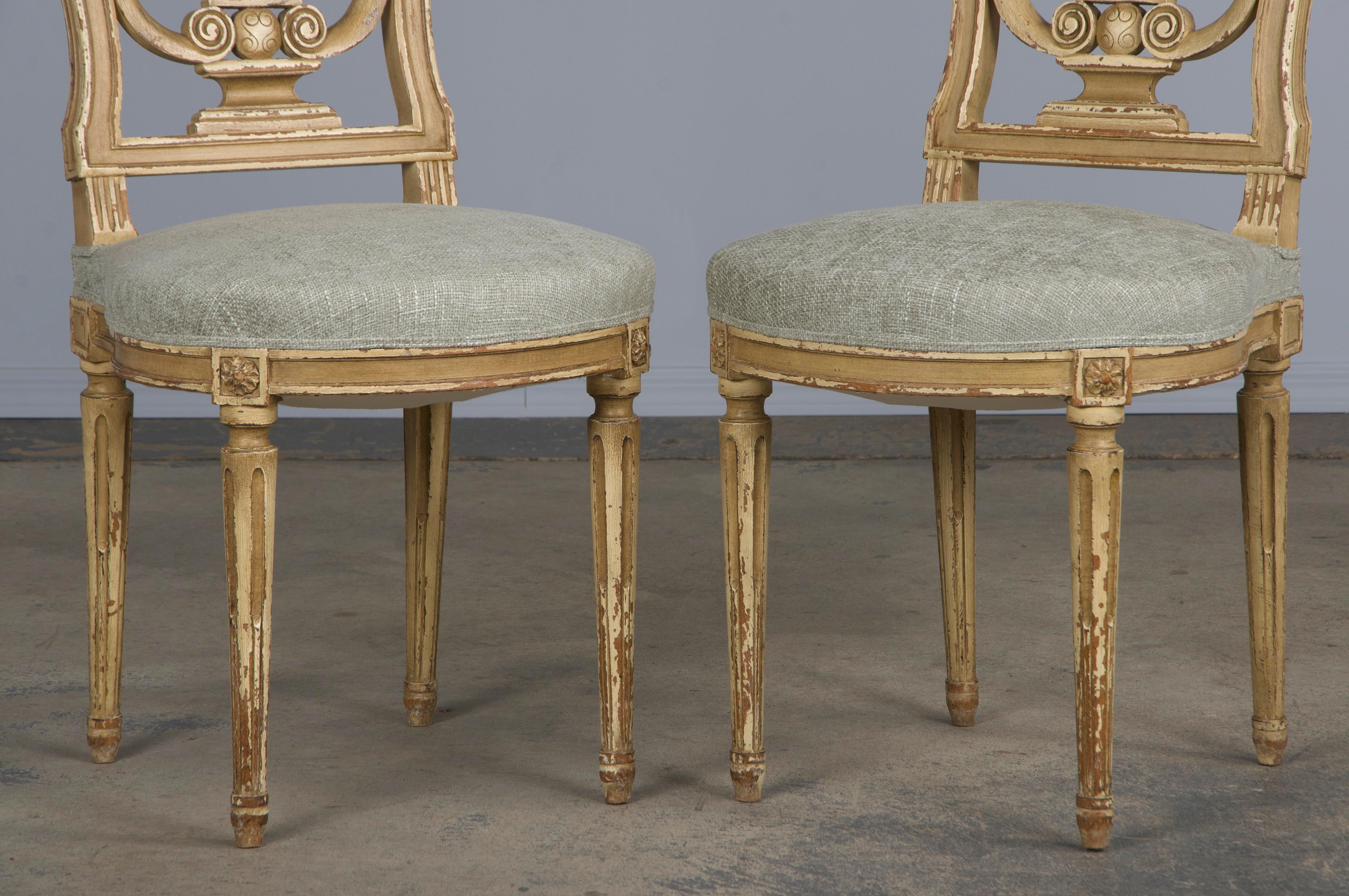 Antique French Louis XVI Style Painted Dining Chairs W/ Green Chenille- Set of 6 4