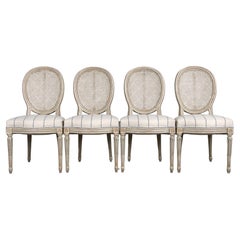 Antique French Louis XVI Style Painted Dining Chairs W/ Striped Fabric- Set of 4