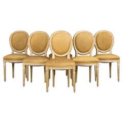 Antique French Louis XVI Style Painted Dining Chairs W/ Striped Fabric- Set of 6