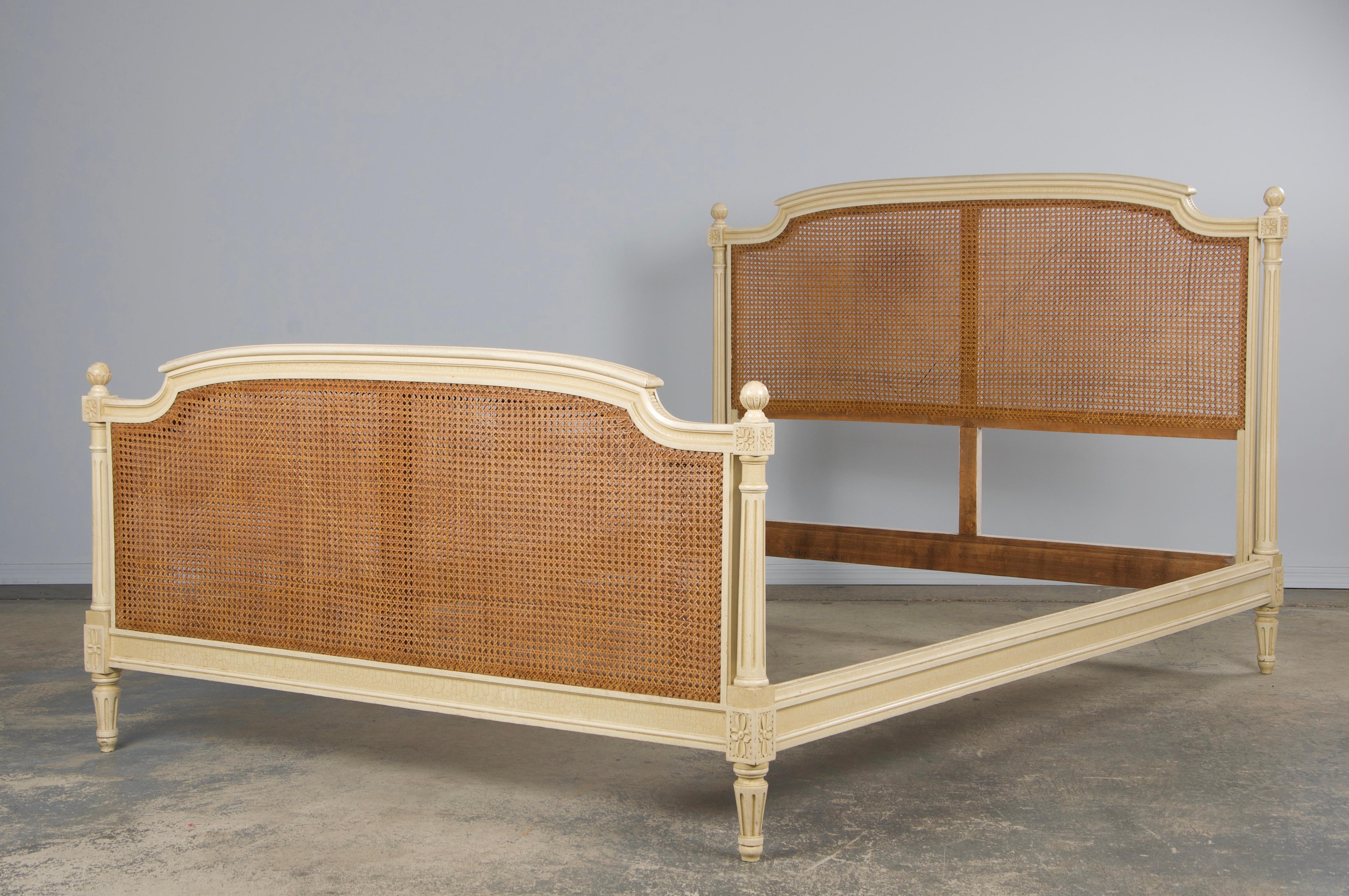 Antique French Louis XVI Style Painted Fullsize Cane Bedframe 6